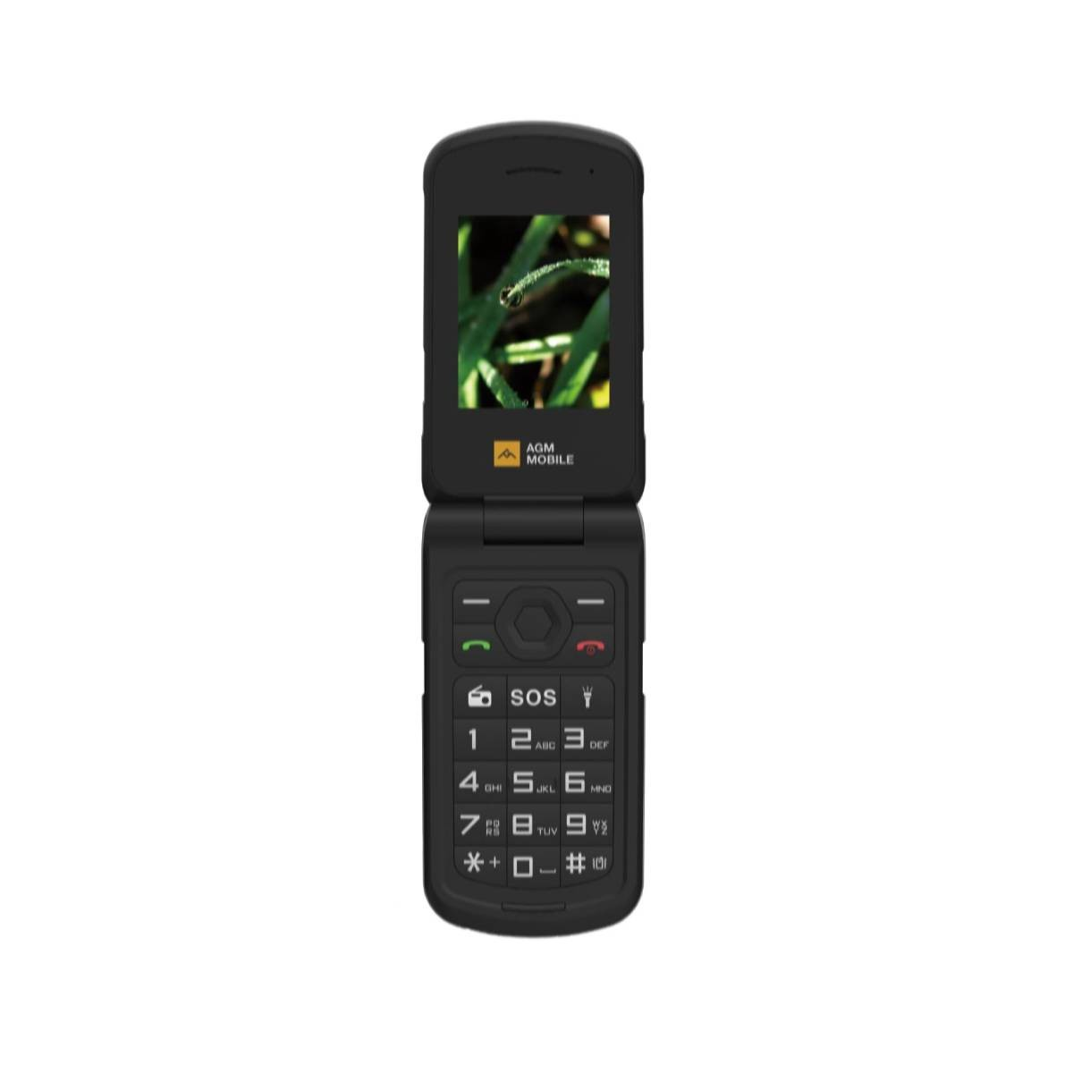 Un telefono a conchiglia nero con un'immagine di fili d'erba e goccioline d'acqua.