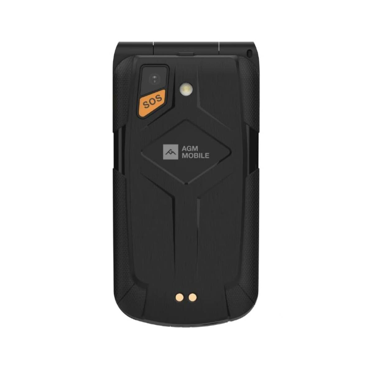 Un telefono a conchiglia nero, visto da dietro, presenta un pulsante SOS arancione, una fotocamera e il logo AGM Mobile.