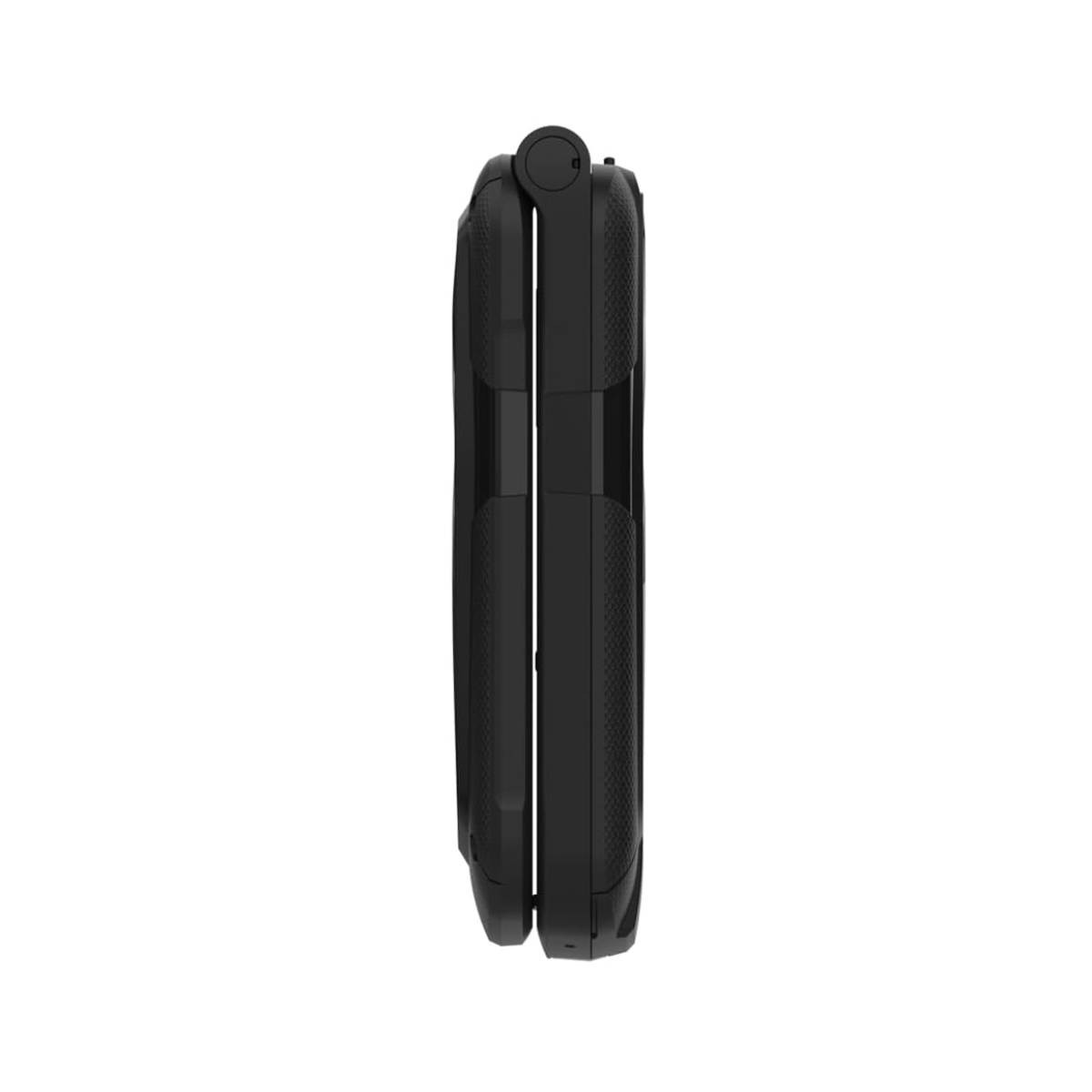 Un telefono cellulare nero chiuso, visto di lato.