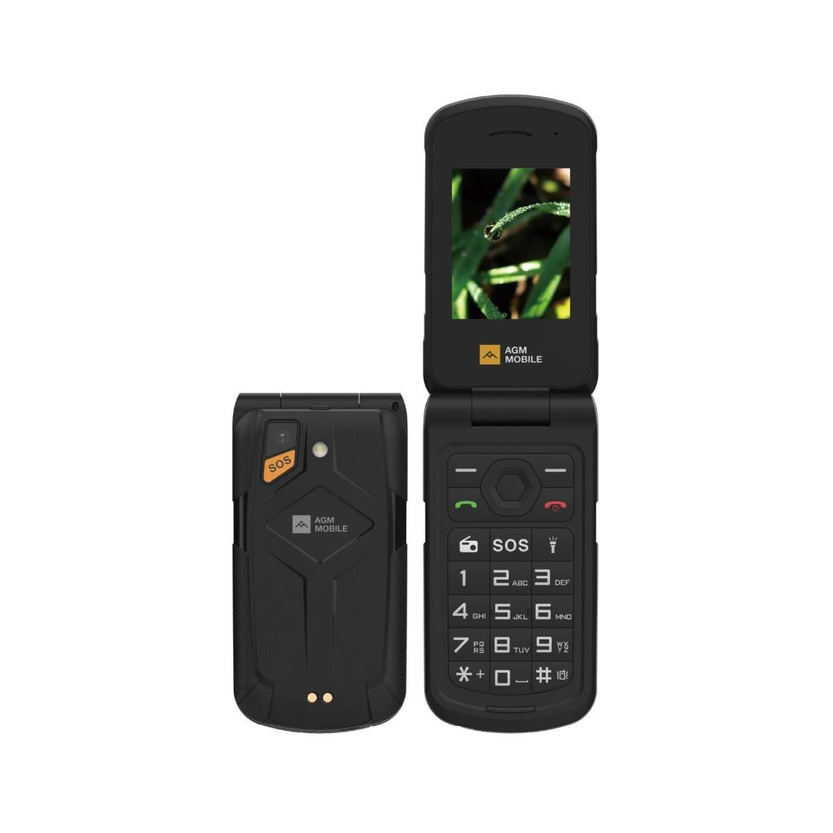 Un telefono a conchiglia nero, aperto e chiuso, con tasti e pulsante SOS.