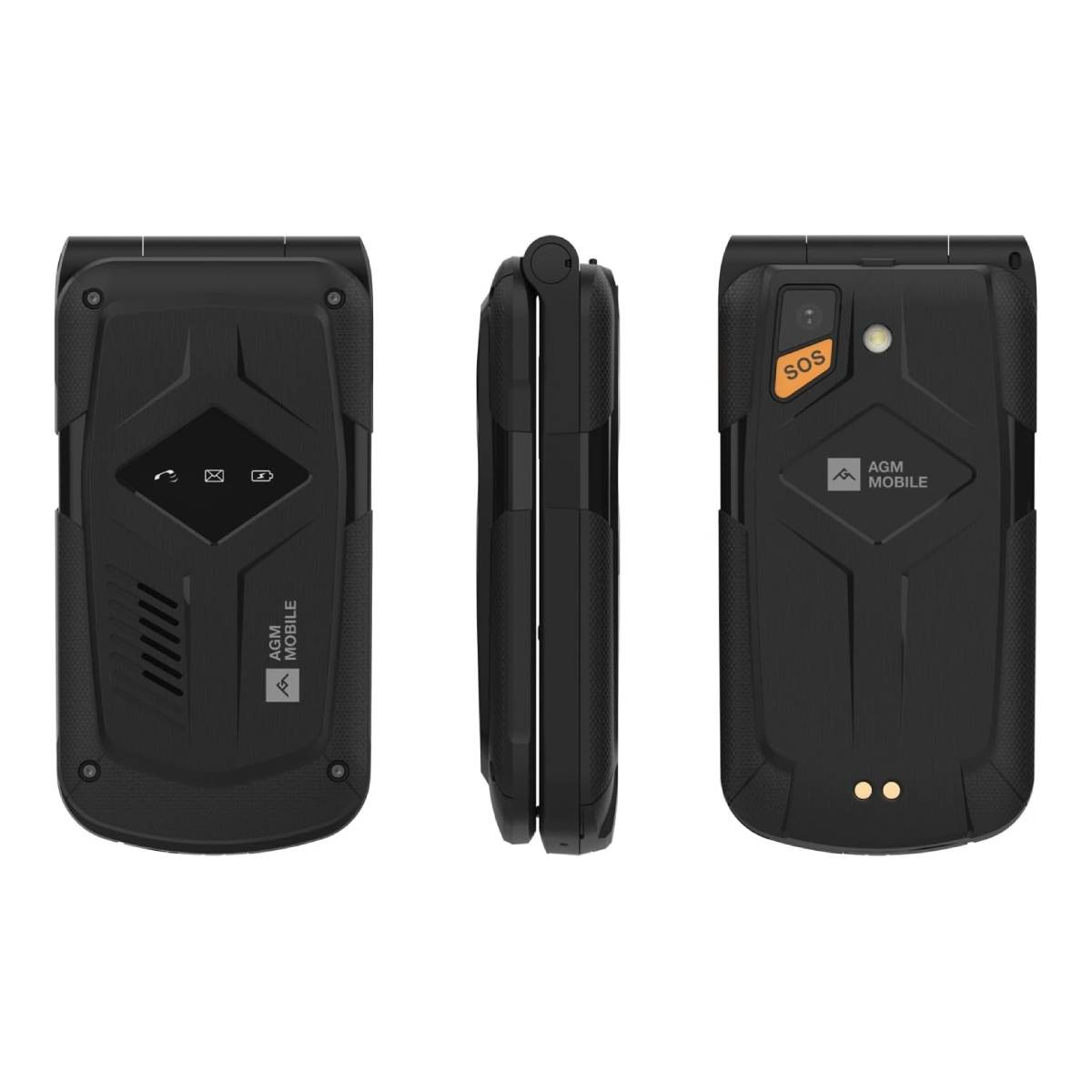 Tre viste di un telefono flip nero. Fronte, lato e retro.