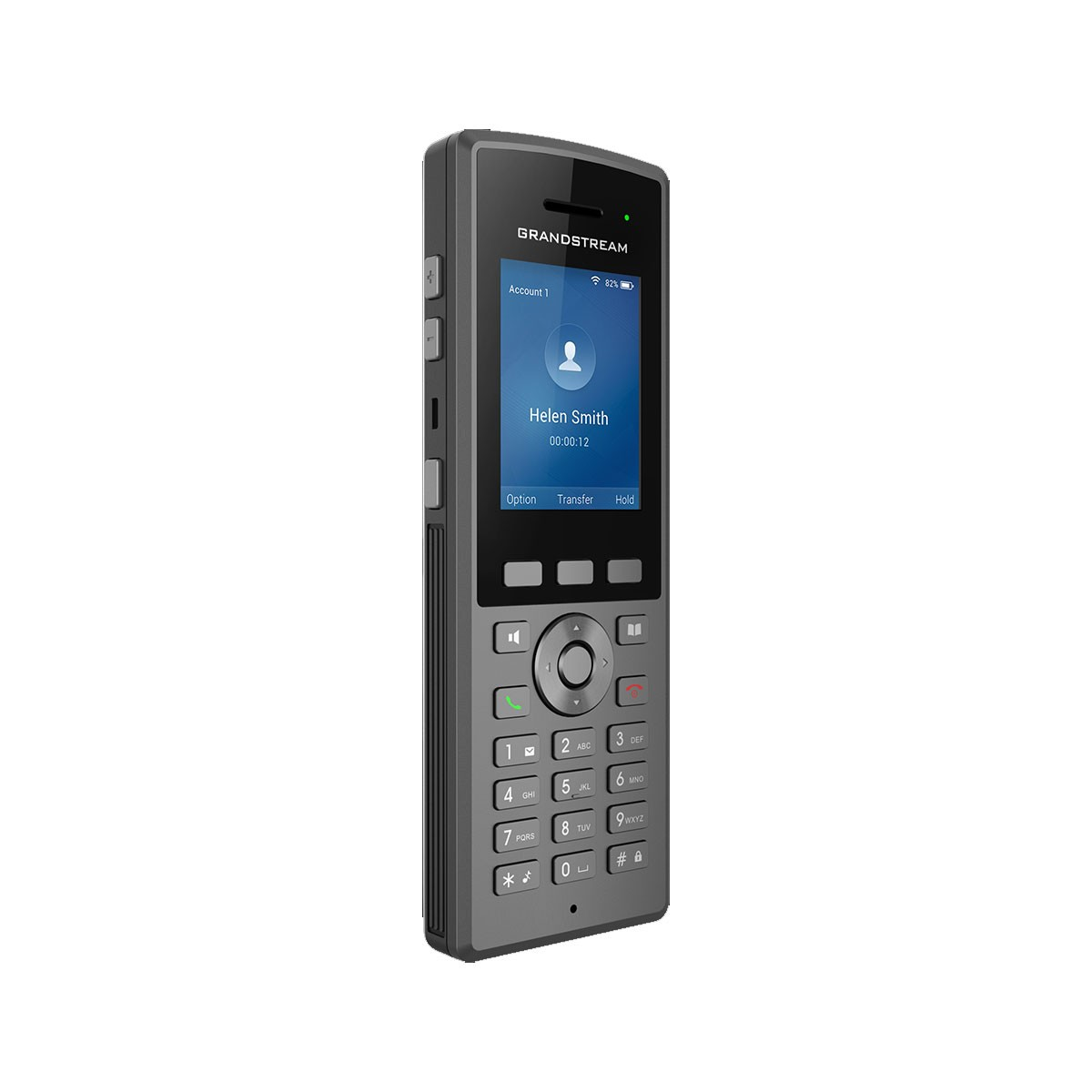 Un telefono Grandstream grigio con schermo blu che mostra Helen Smith.