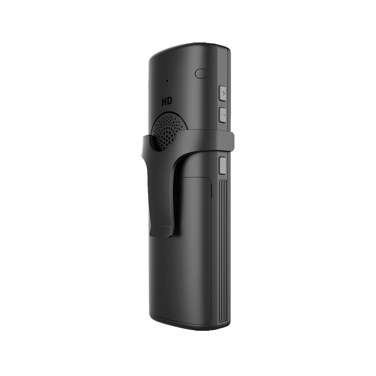 Registratore HD portatile nero con clip e griglia altoparlante.
