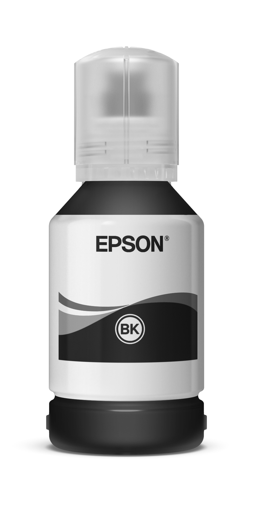 Czarna butelka z tuszem Epson z białym etykietą i czarnym kółkiem.