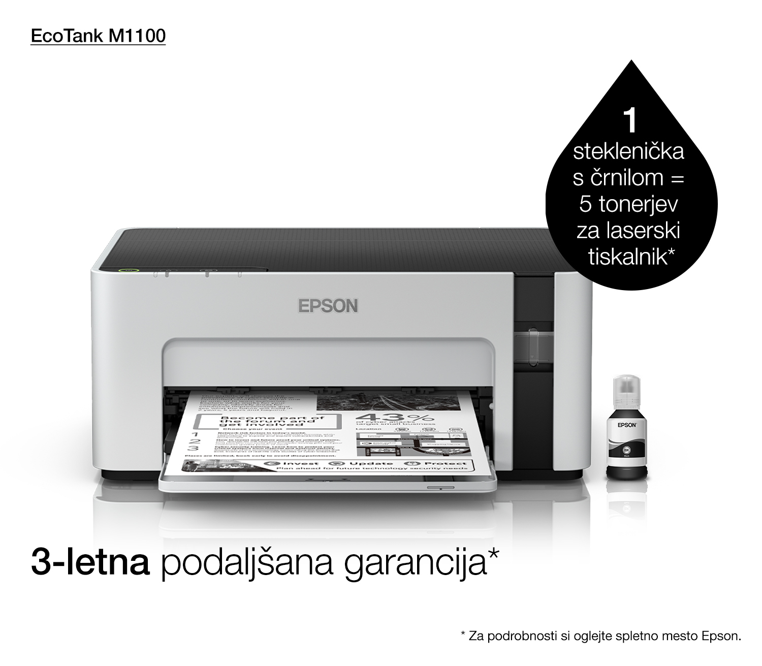 Drukarka Epson EcoTank M1100 z butelką czarnego tuszu i 3-letnią gwarancją.