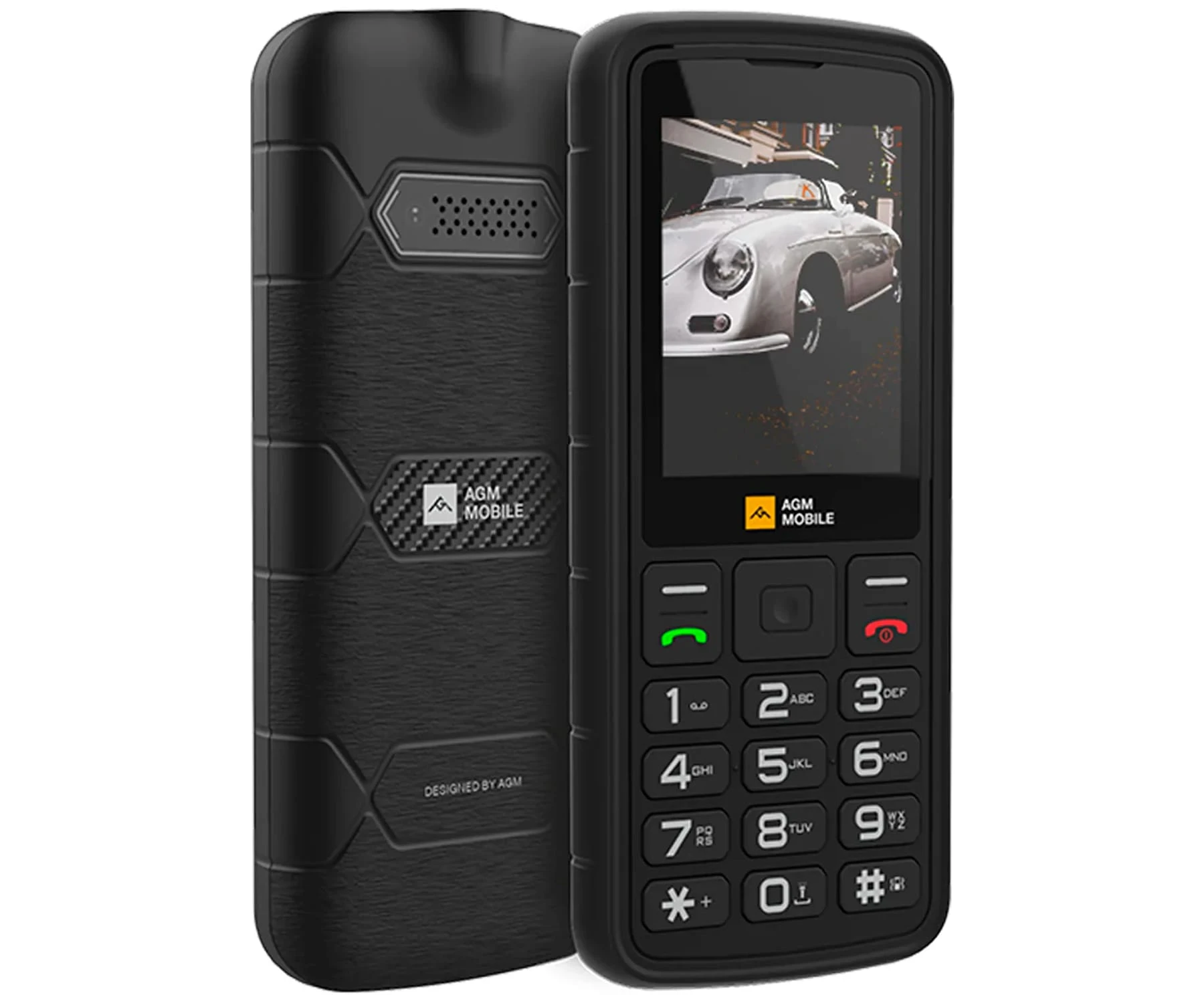 Un telefono cellulare AGM nero con tastiera e schermo che mostra un'auto d'epoca.
