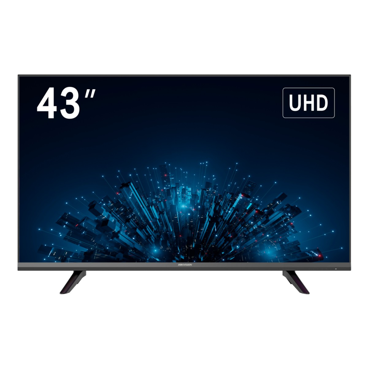 Un televisore UHD da 43 pollici mostra una città futuristica con luci brillanti e tonalità blu scuro.