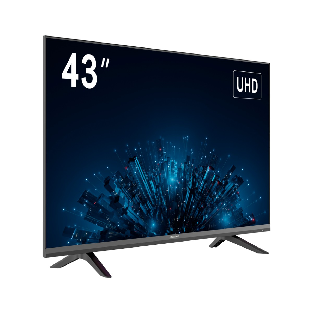Una TV UHD da 43 pollici con schermo blu scuro che mostra una grafica di città futuristica.