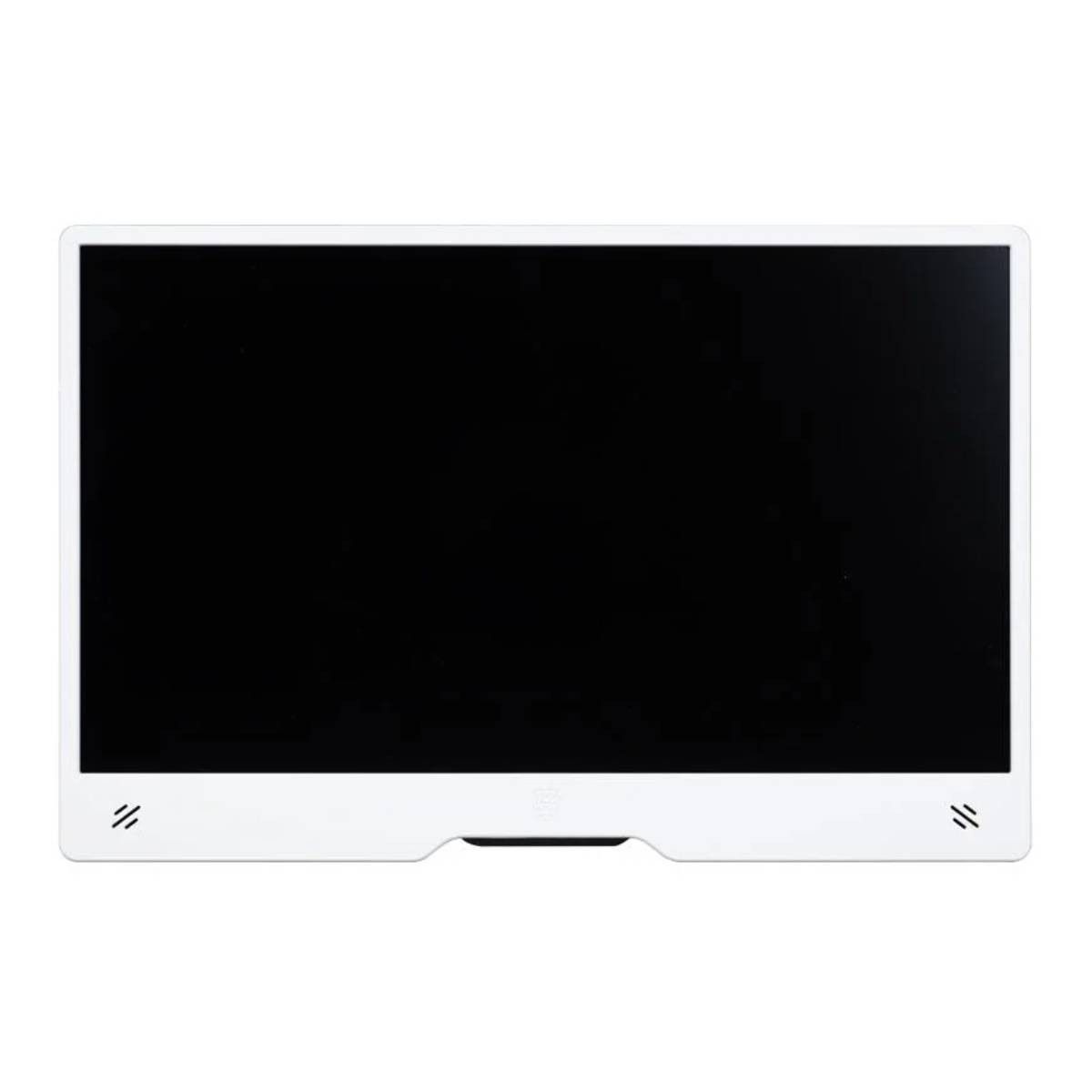 Un monitor bianco con schermo nero e accenti argentati.