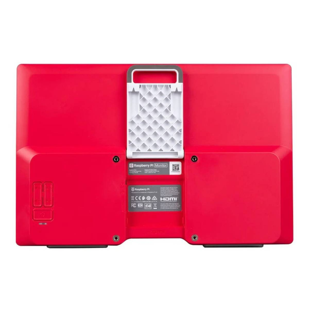 Il retro di un monitor Raspberry Pi rosso con supporto bianco ed etichette.