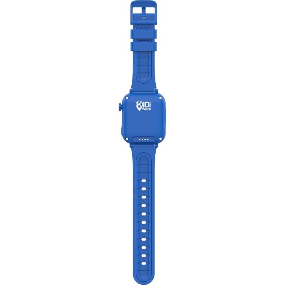Uno smartwatch per bambini Kidi Watch blu, mostrato da dietro, con contatti di ricarica.
