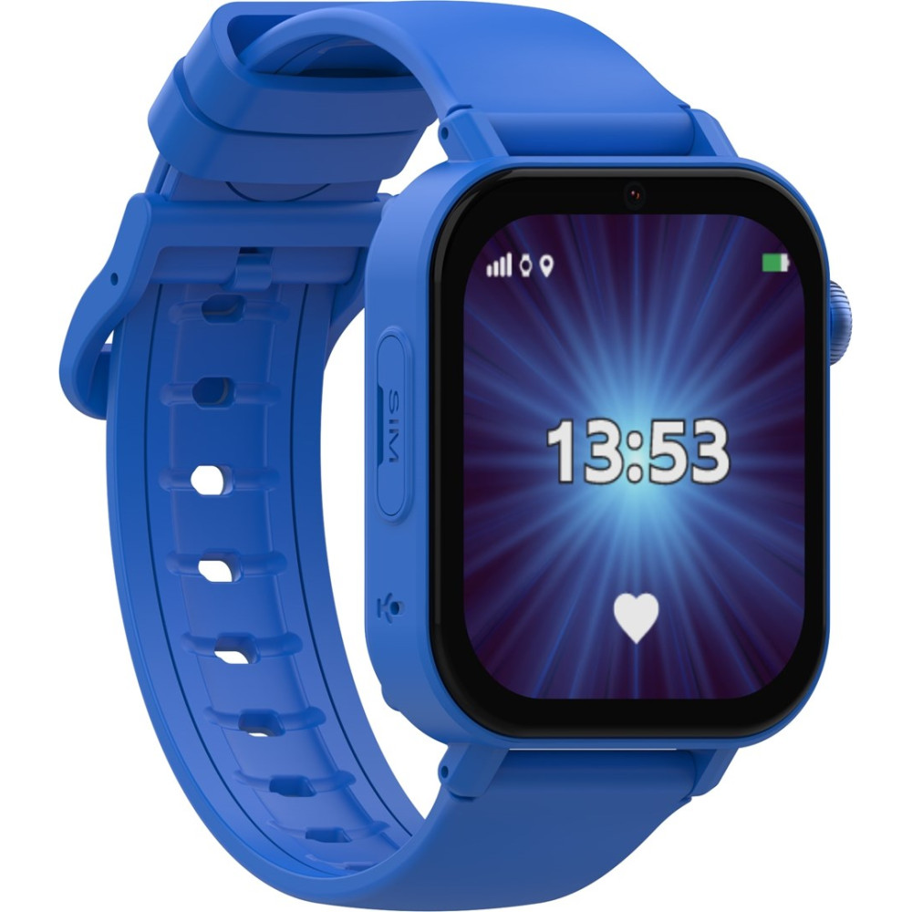 Uno smartwatch blu che mostra un'icona a forma di cuore e l'ora 13:53.