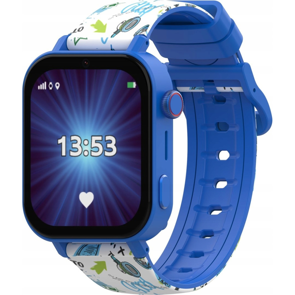 Uno smartwatch blu con cinturino bianco decorato con cartoni animati. Lo schermo mostra 13:53.
