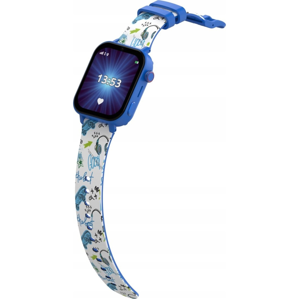 Smartwatch blu con cinturino colorato che mostra cuffie e graffiti.