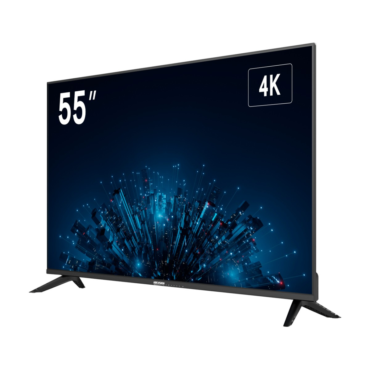 TV 4K da 55 pollici con uno sfondo astratto di skyline urbano.