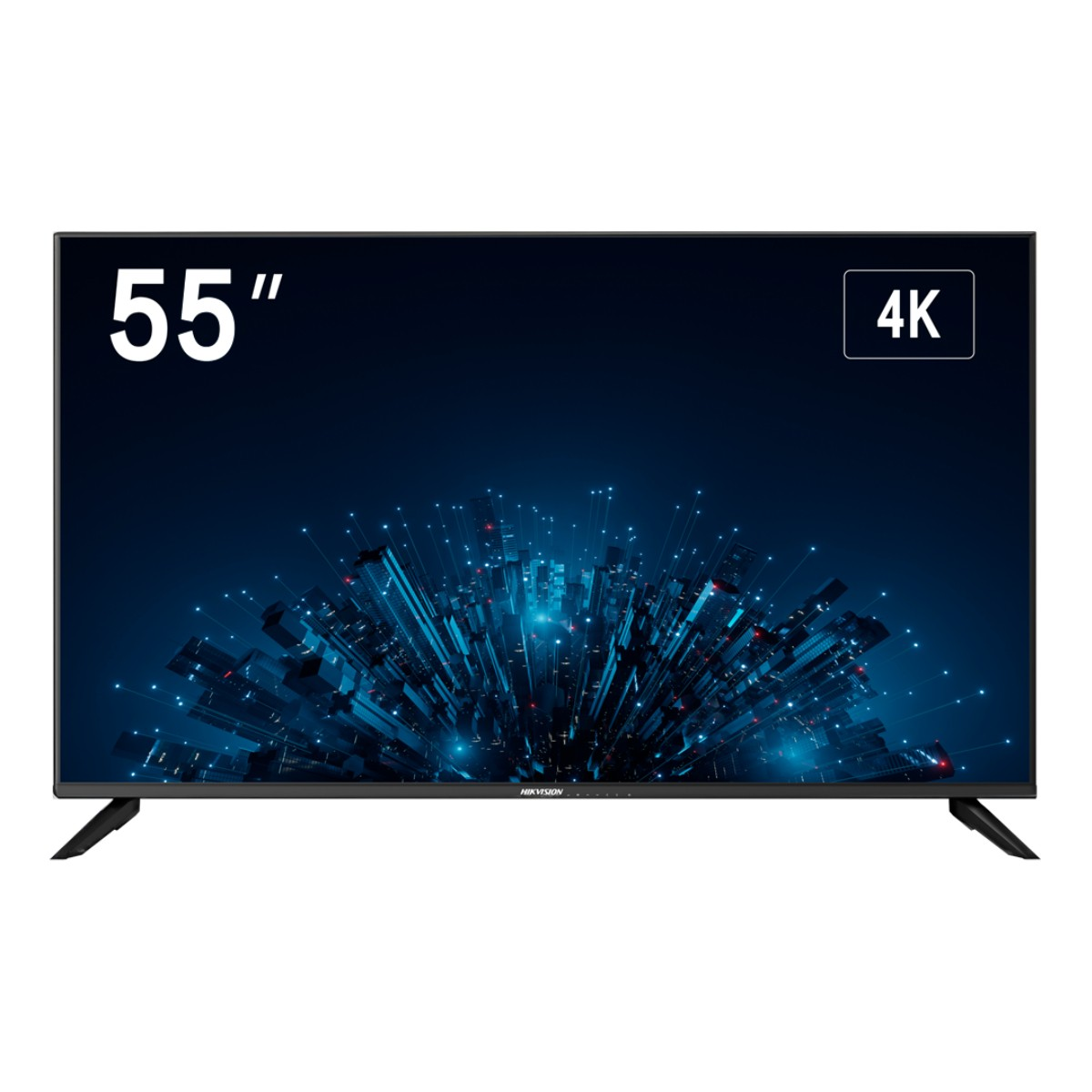 Un televisore 4K da 55 pollici con sfondo blu futuristico e supporti.