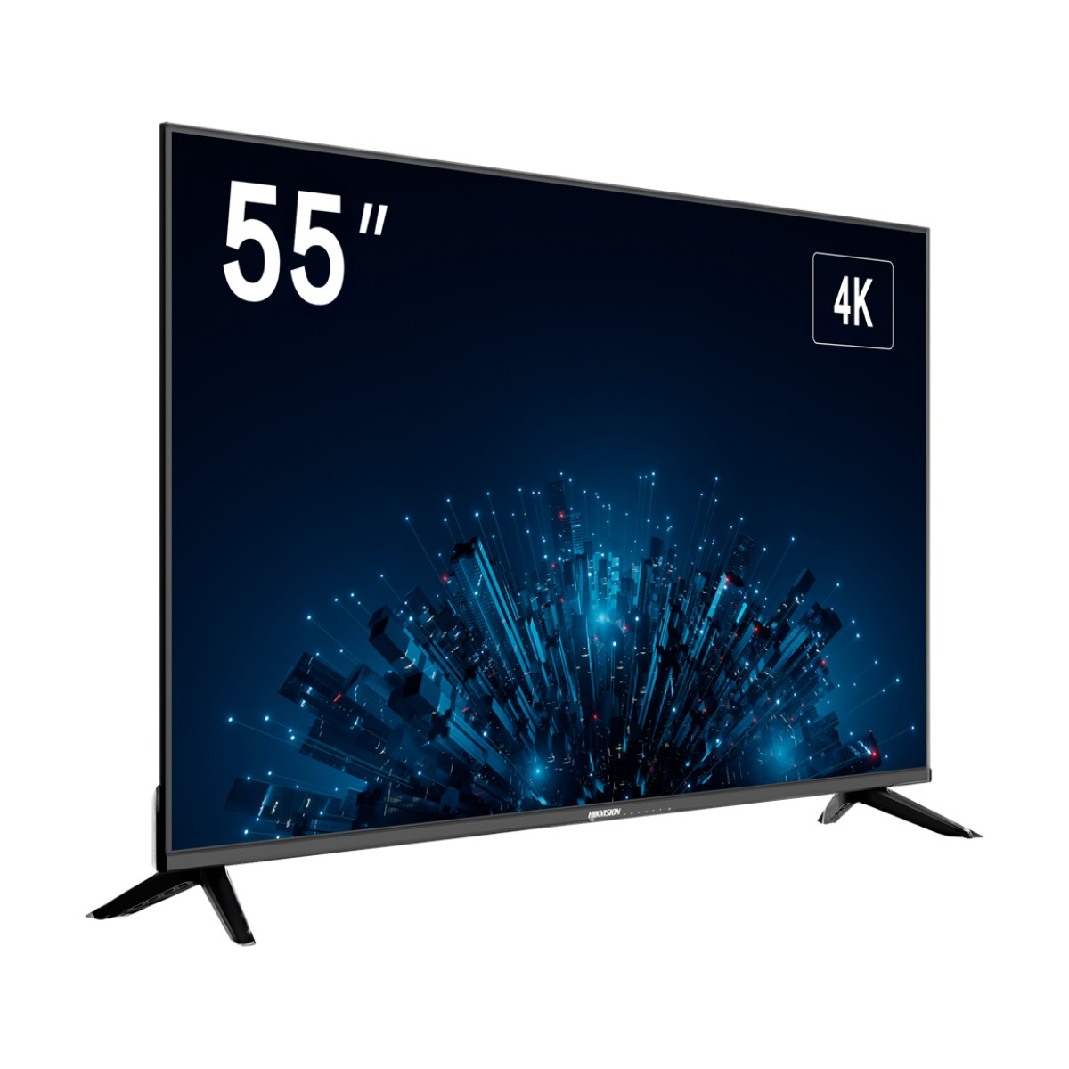 Una TV 4K da 55 pollici con uno sfondo astratto di un paesaggio urbano.