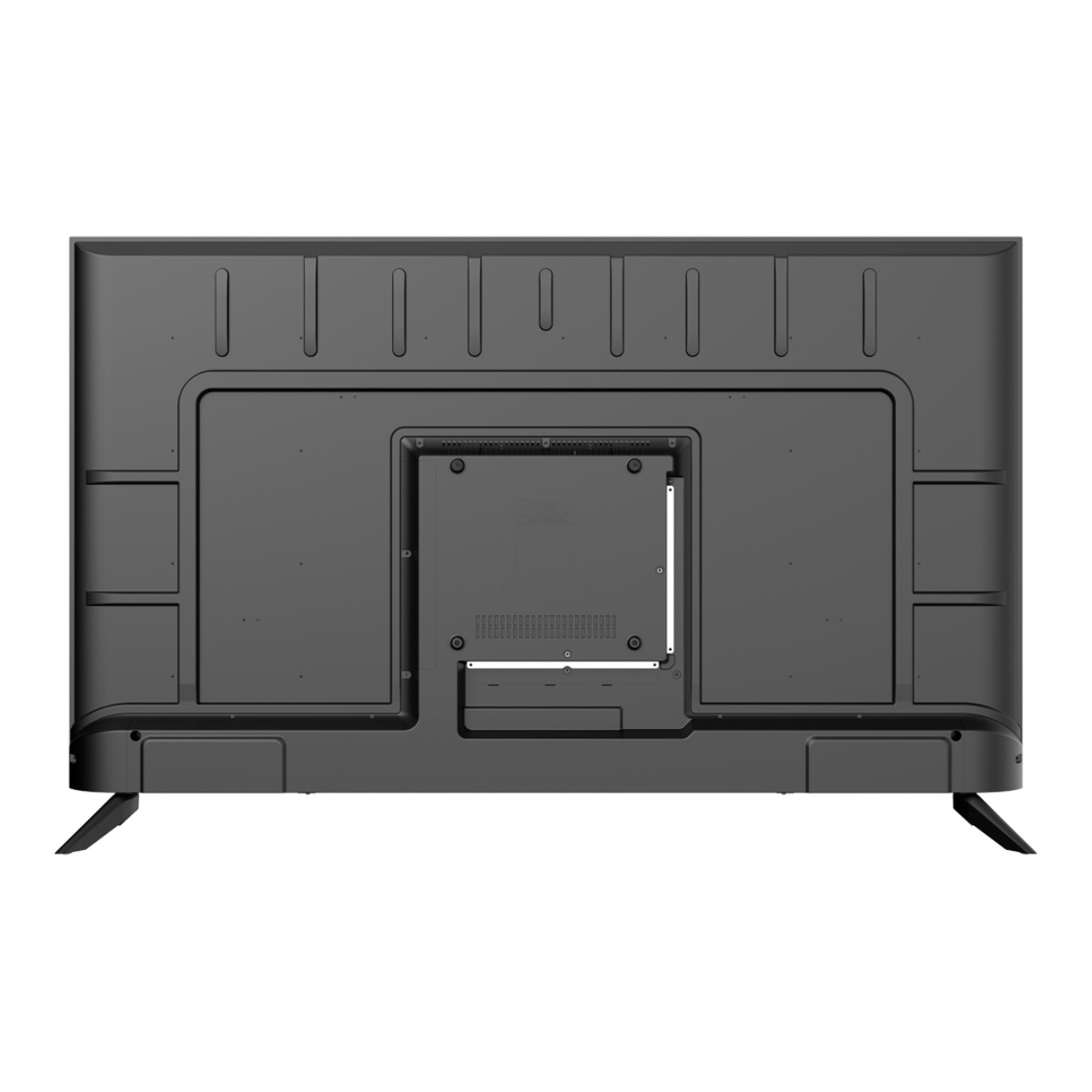 Retro di una TV nera con prese d'aria e porte visibili.