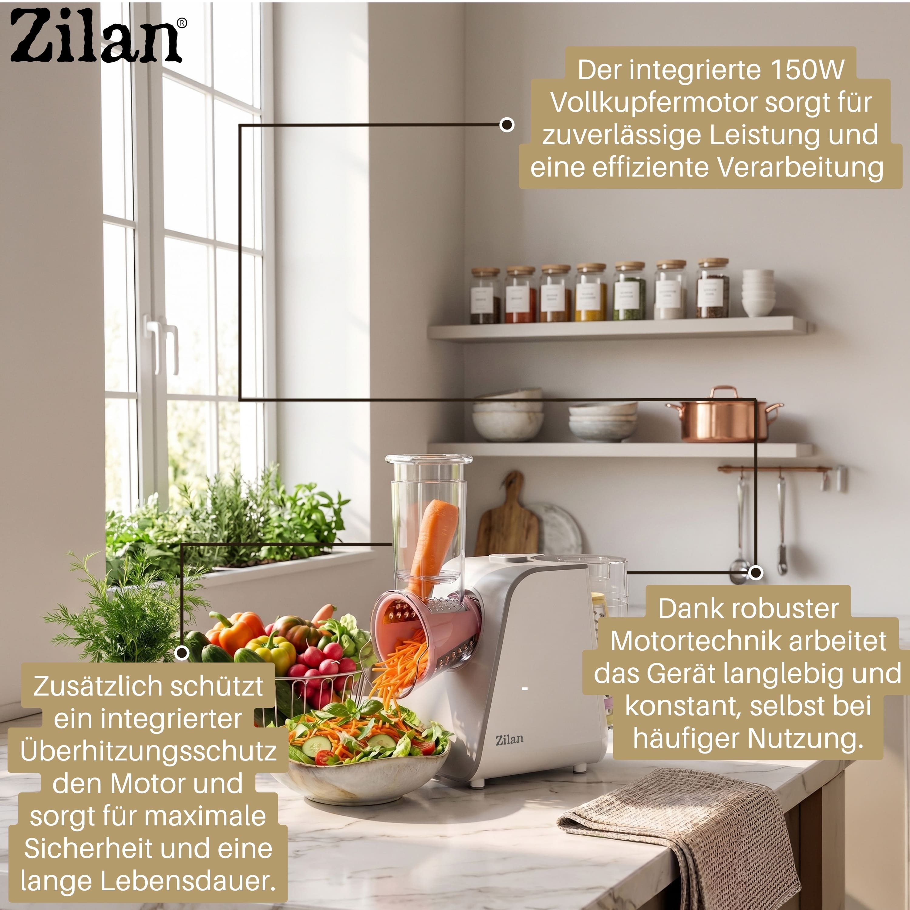 Ein Zilan Gemüseschneider mit Karotte und Salat auf einer Küchentheke.
