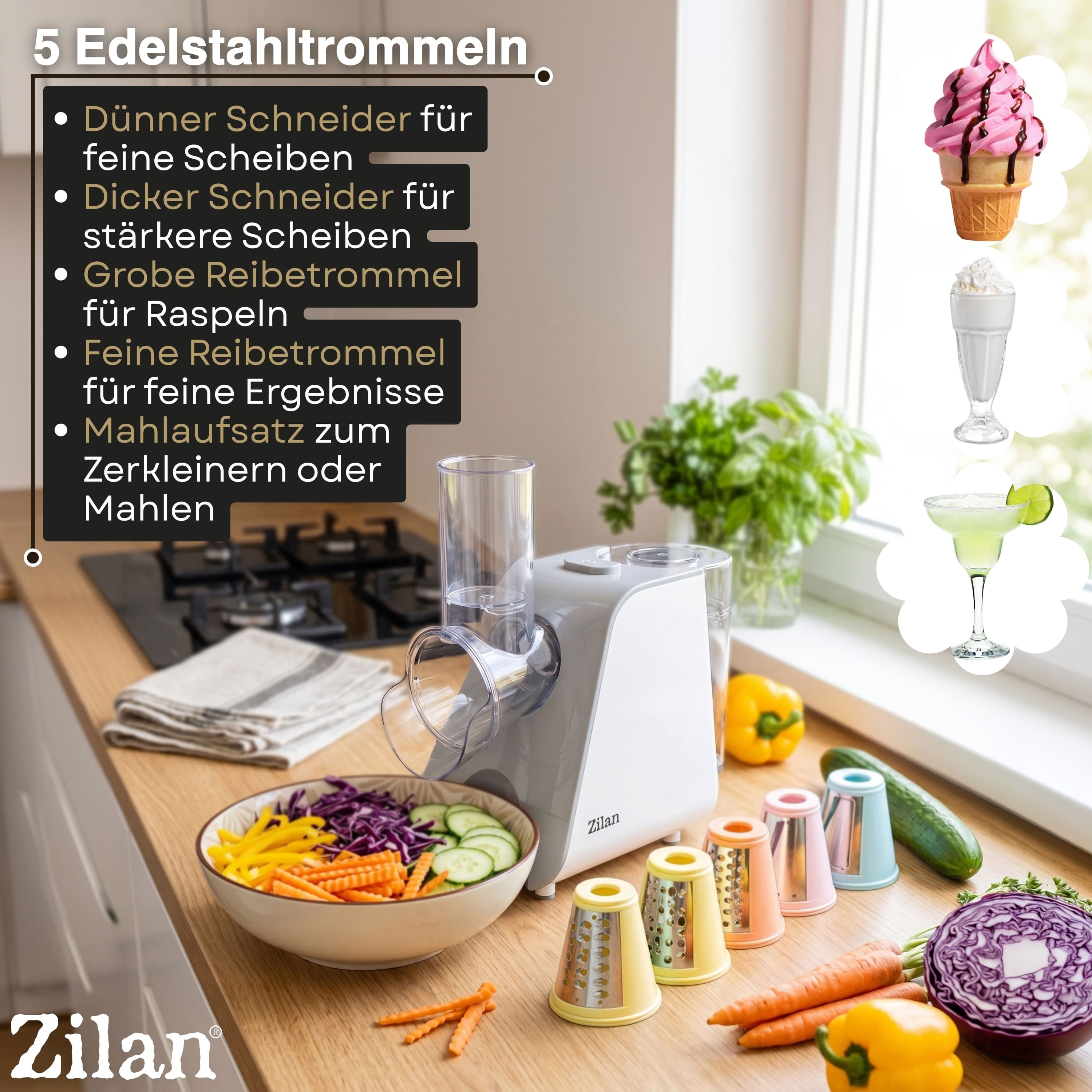 Ein Küchengerät mit Gemüse, Trommeln und Eiscreme.