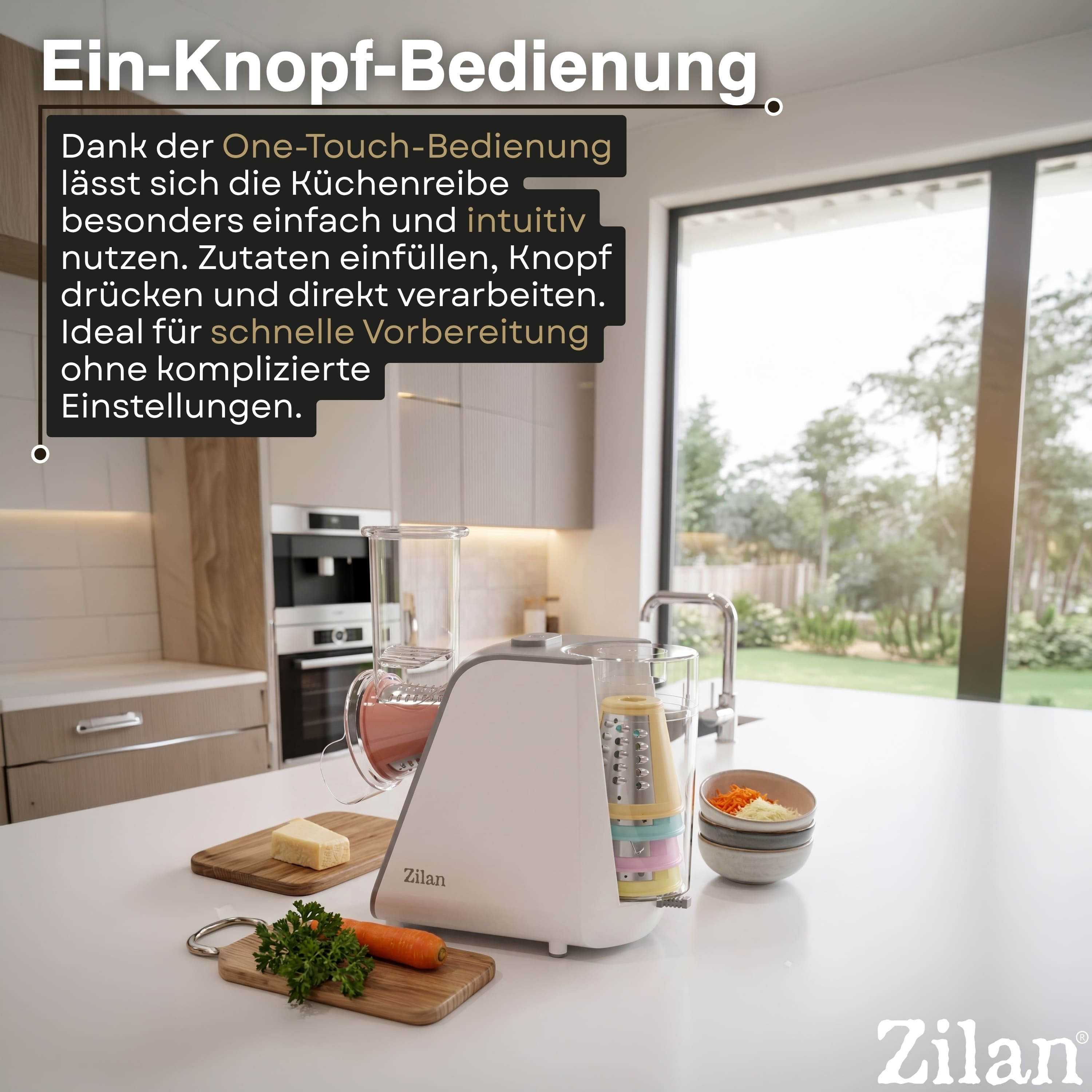 Ein Zilan Küchengerät mit One-Touch-Bedienung steht auf einer Arbeitsplatte.