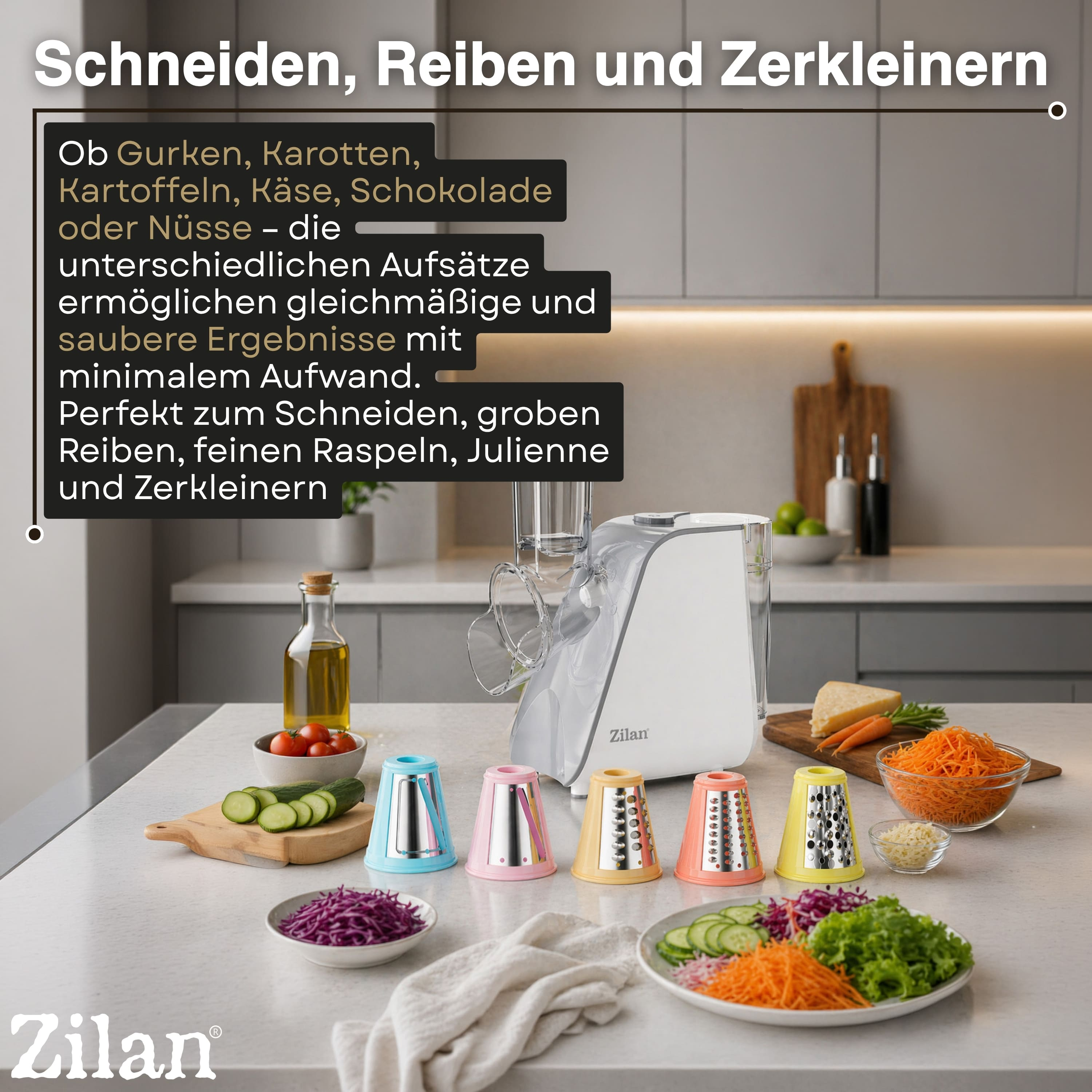 Ein Zilan Gemüseschneider mit bunten Aufsätzen auf einer Arbeitsplatte mit vorbereiteten Gemüsesorten.