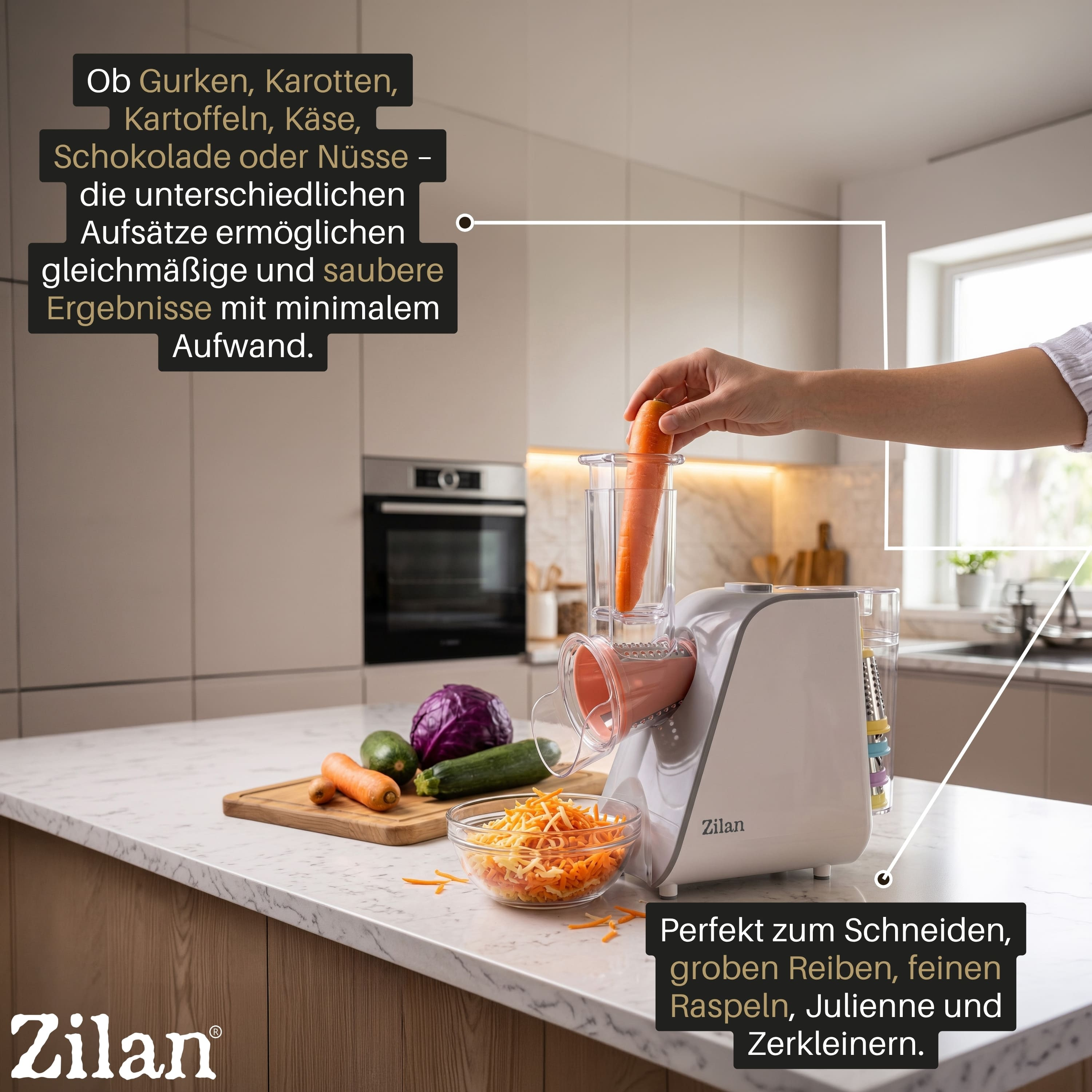 Küchenmaschine verarbeitet Karotten, Käse und Nüsse. Mehrere Aufsätze für verschiedene Ergebnisse.
