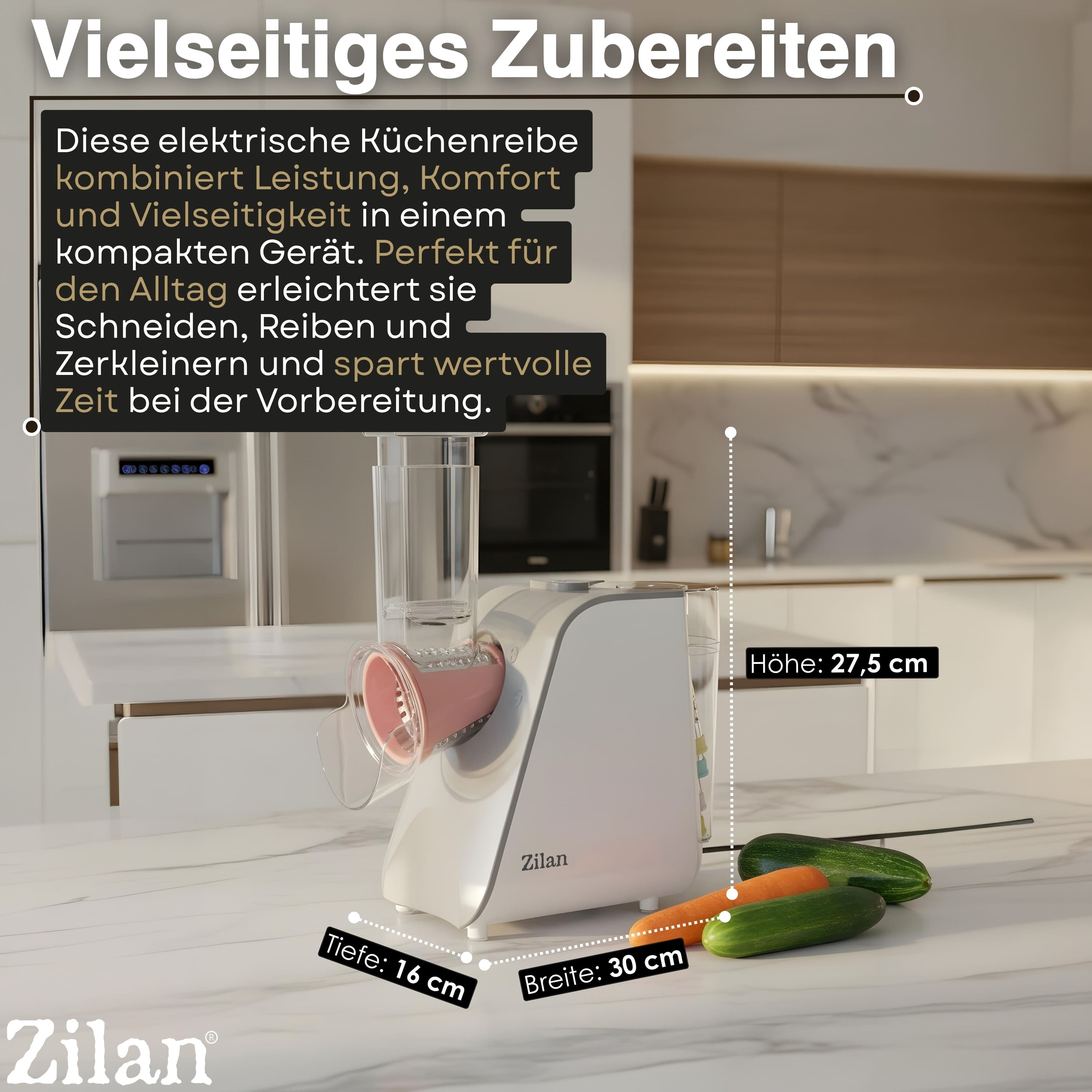 Ein weißer Zilan Küchenreiben steht auf einer Marmorarbeitsplatte neben Karotten und Gurken.