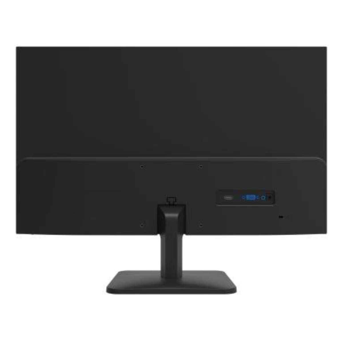 Vista posteriore di un monitor nero con supporto e porte.