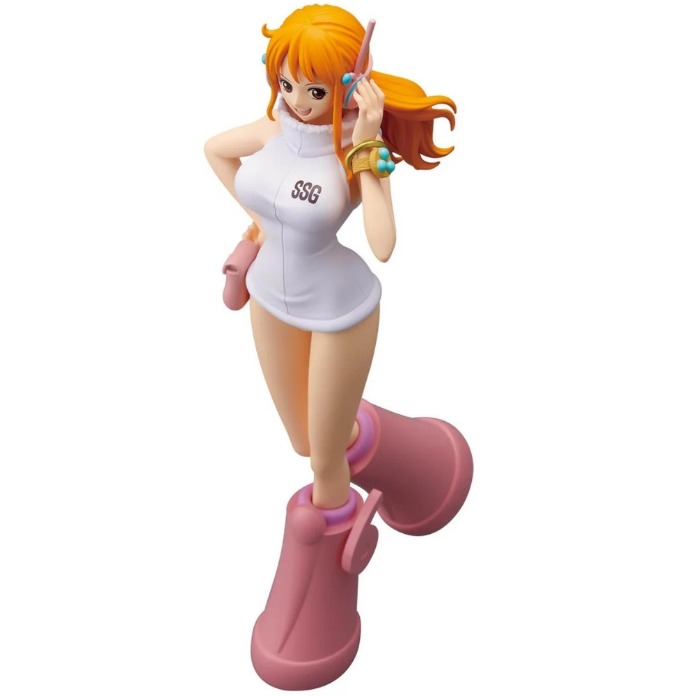 Una figura de anime con cabello naranja lleva un vestido blanco y botas rosas.