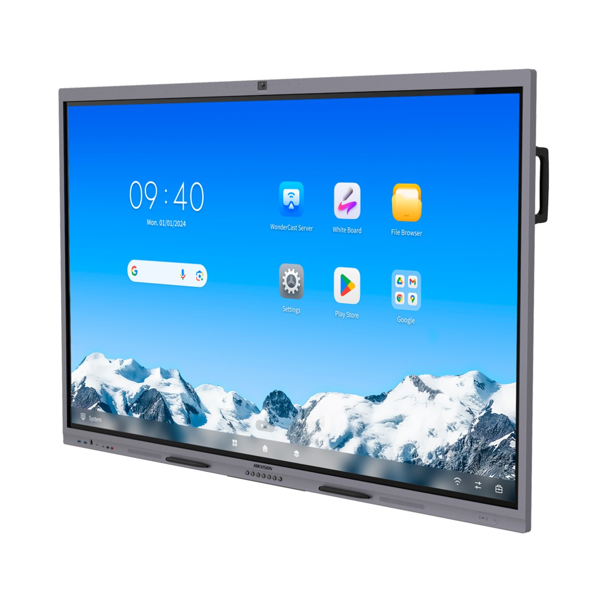 Un pannello piatto interattivo Hikvision mostra icone di app come Google e Play Store.