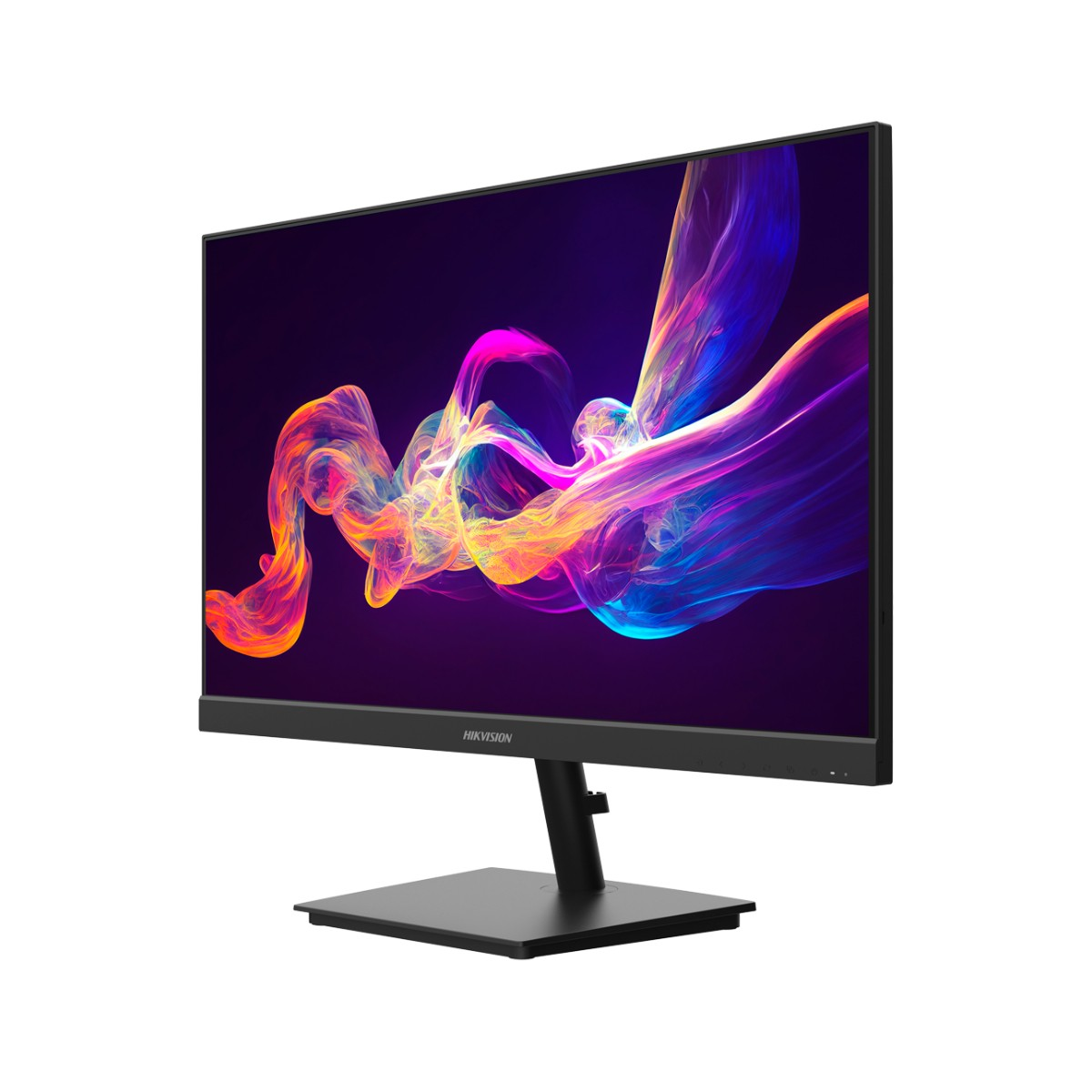 Un monitor nero con un motivo astratto colorato sullo schermo.