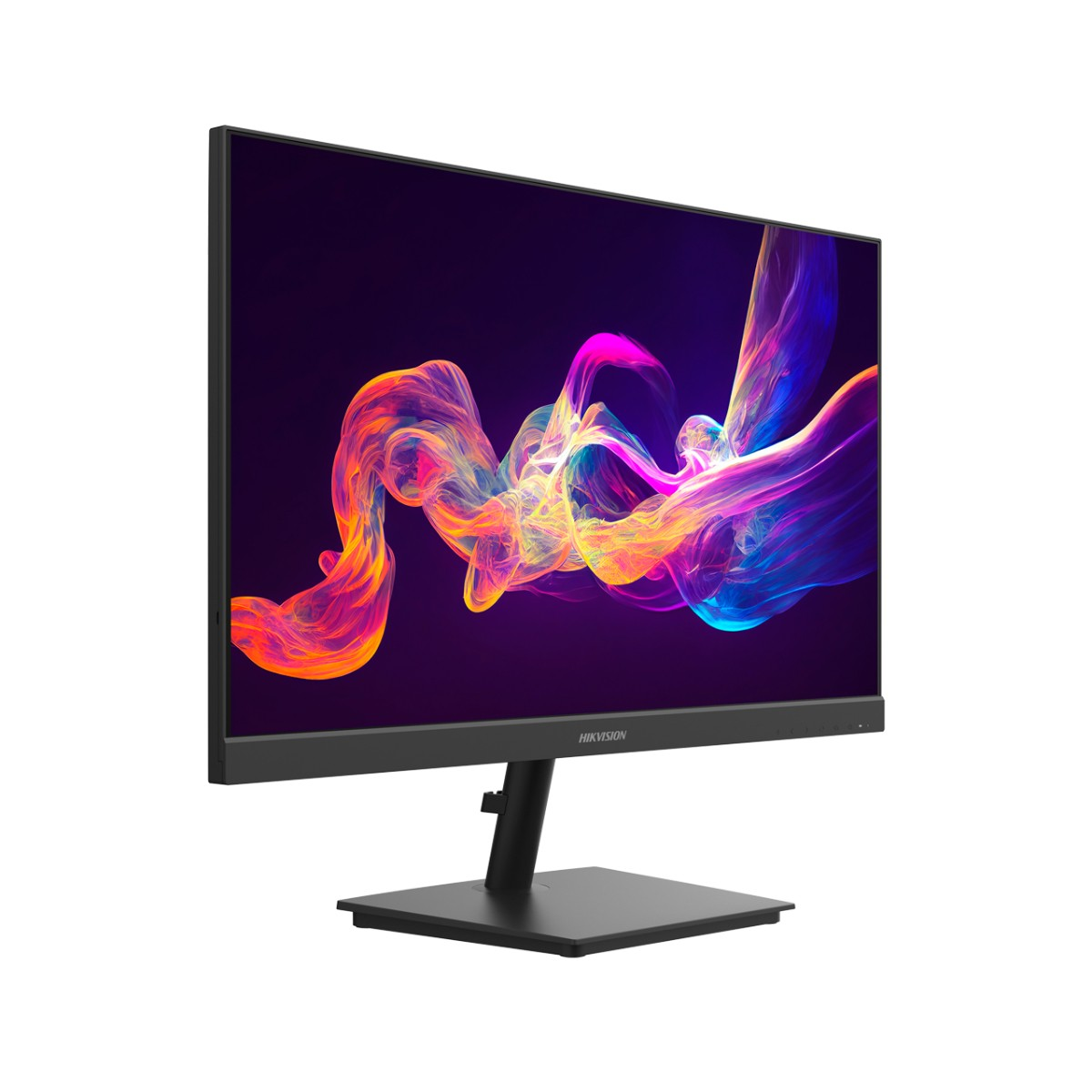 Un monitor nero con un motivo astratto e colorato di fumo sullo schermo.