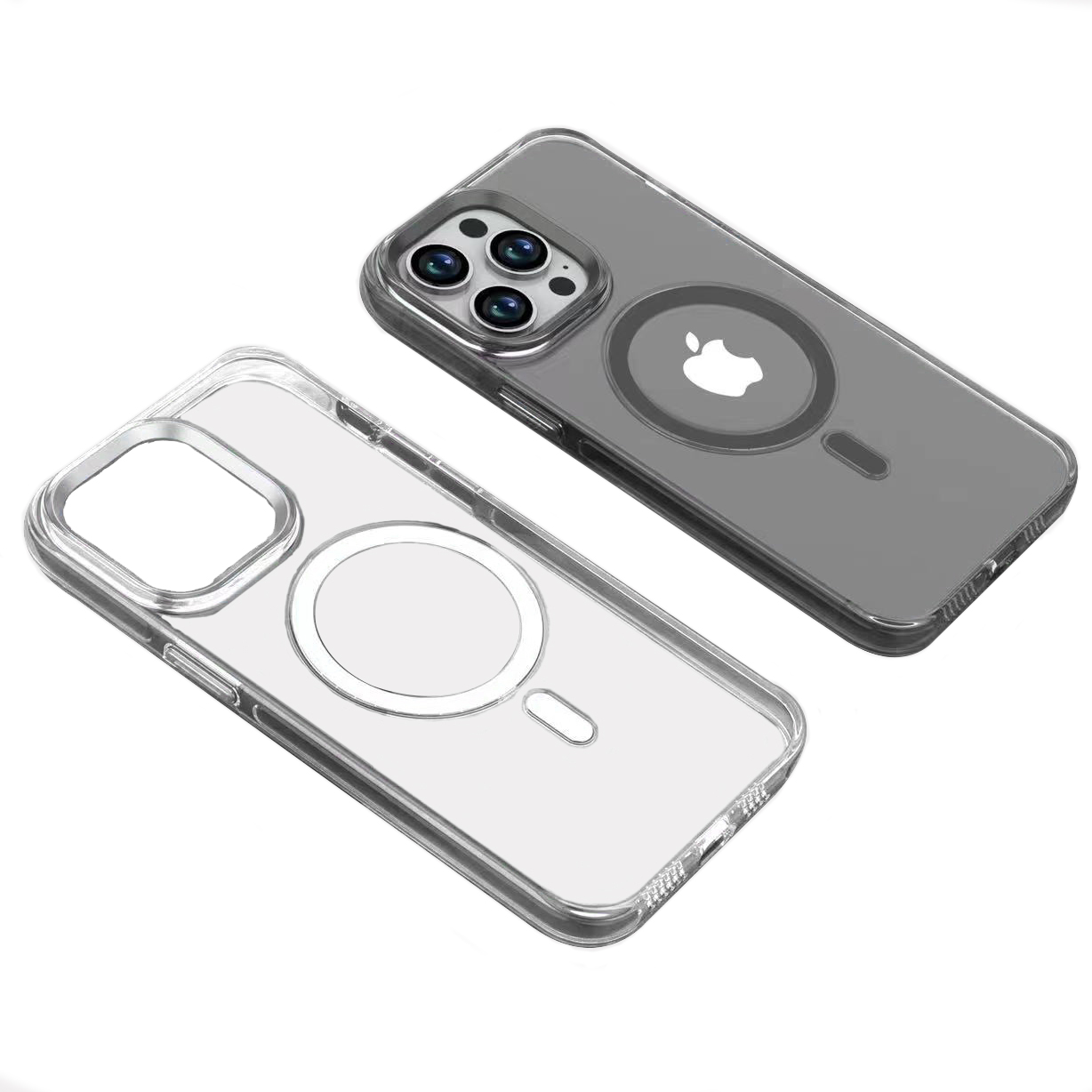 Kamera kesikleri ve Apple logosu olan iki şeffaf telefon kılıfı.