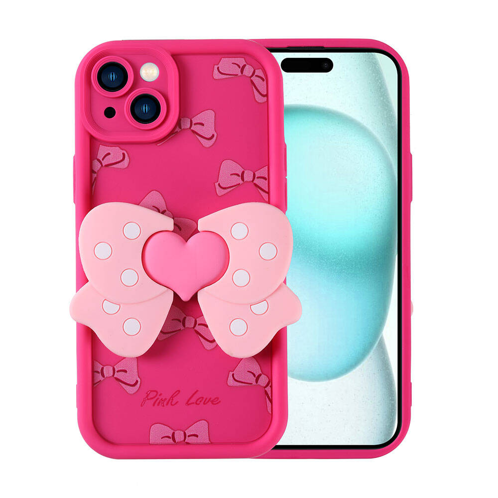 Kalpli 3D fiyonk ve fiyonk desenli pembe telefon kılıfı.
