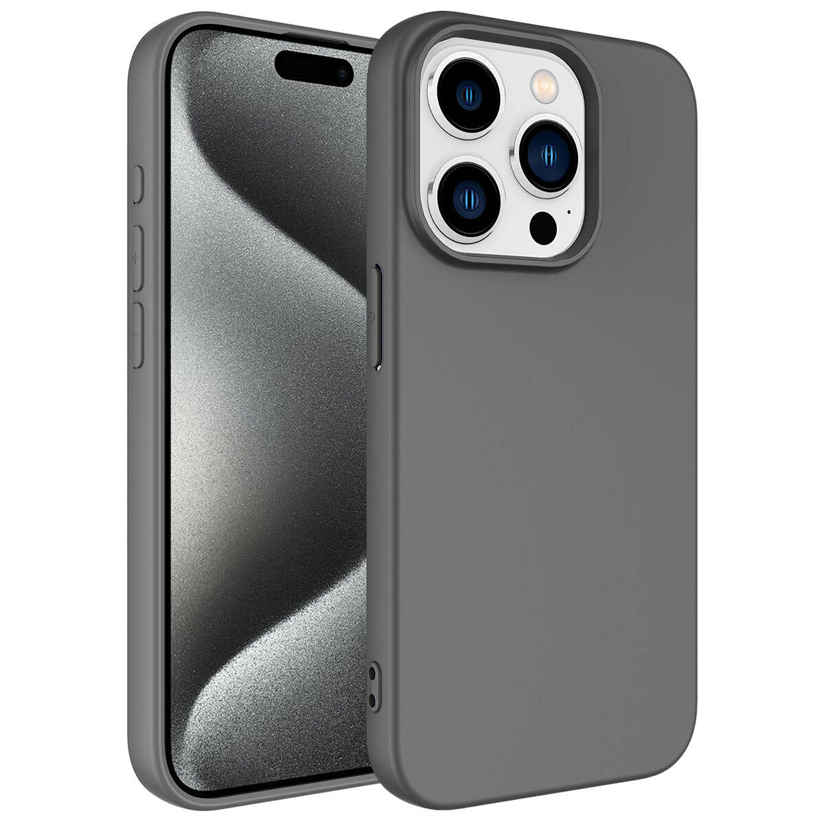 Gri telefon kılıfı, kameralarını gösteren bir akıllı telefonu kısmen kaplıyor.