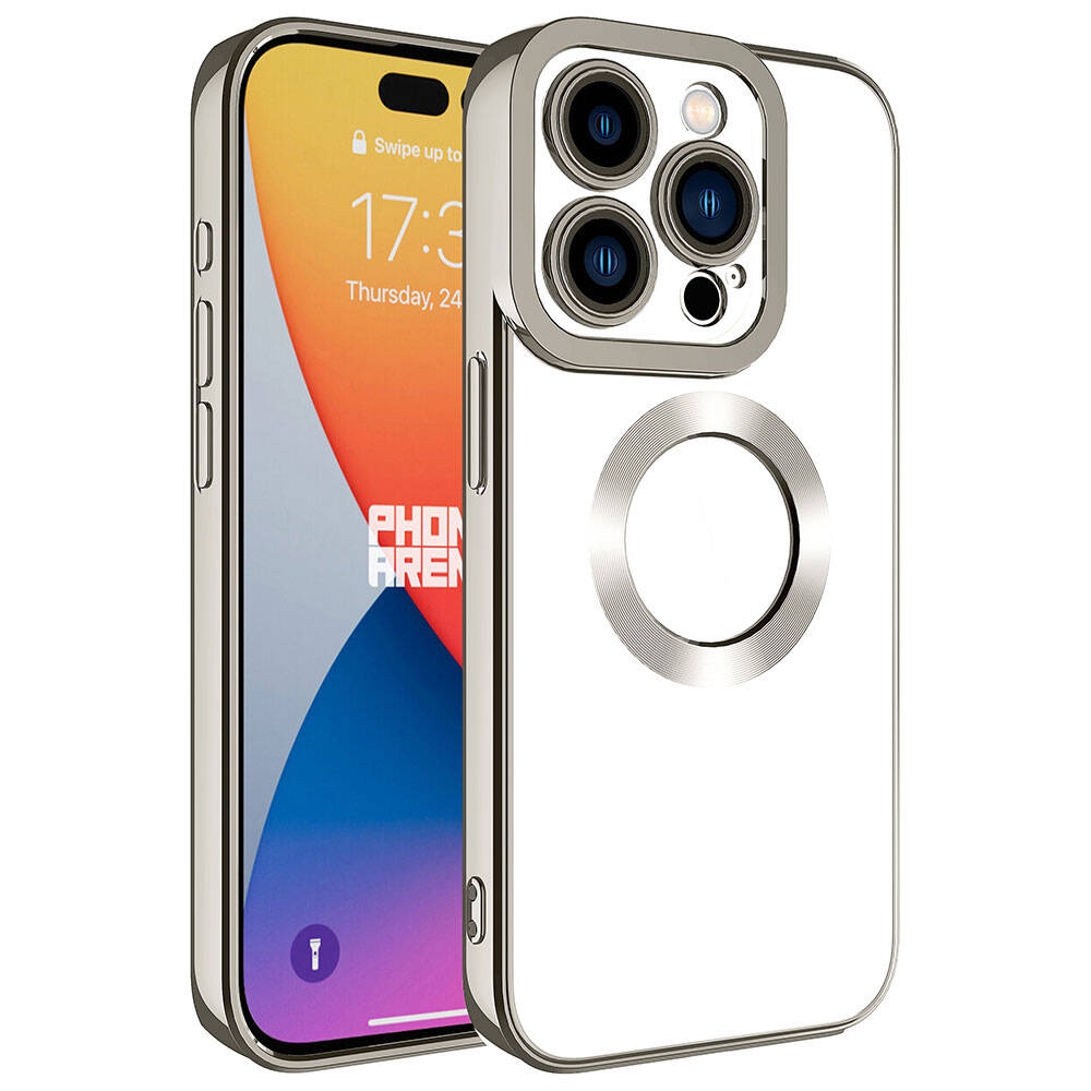 Gümüş renkli telefon kılıfı, kamera kesimi ve halkası beyaz arka planda.