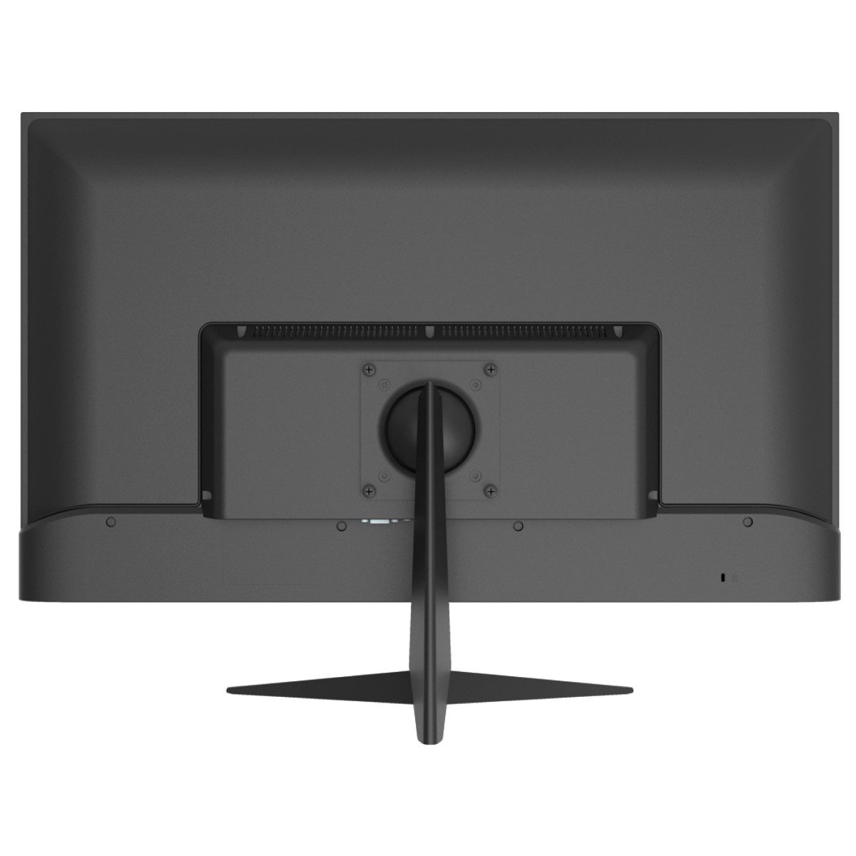 Vista posteriore di un monitor nero con supporto e punti di montaggio VESA.