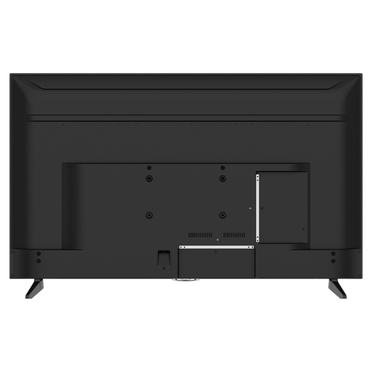 Vista posteriore di un televisore nero con porte e piedini.