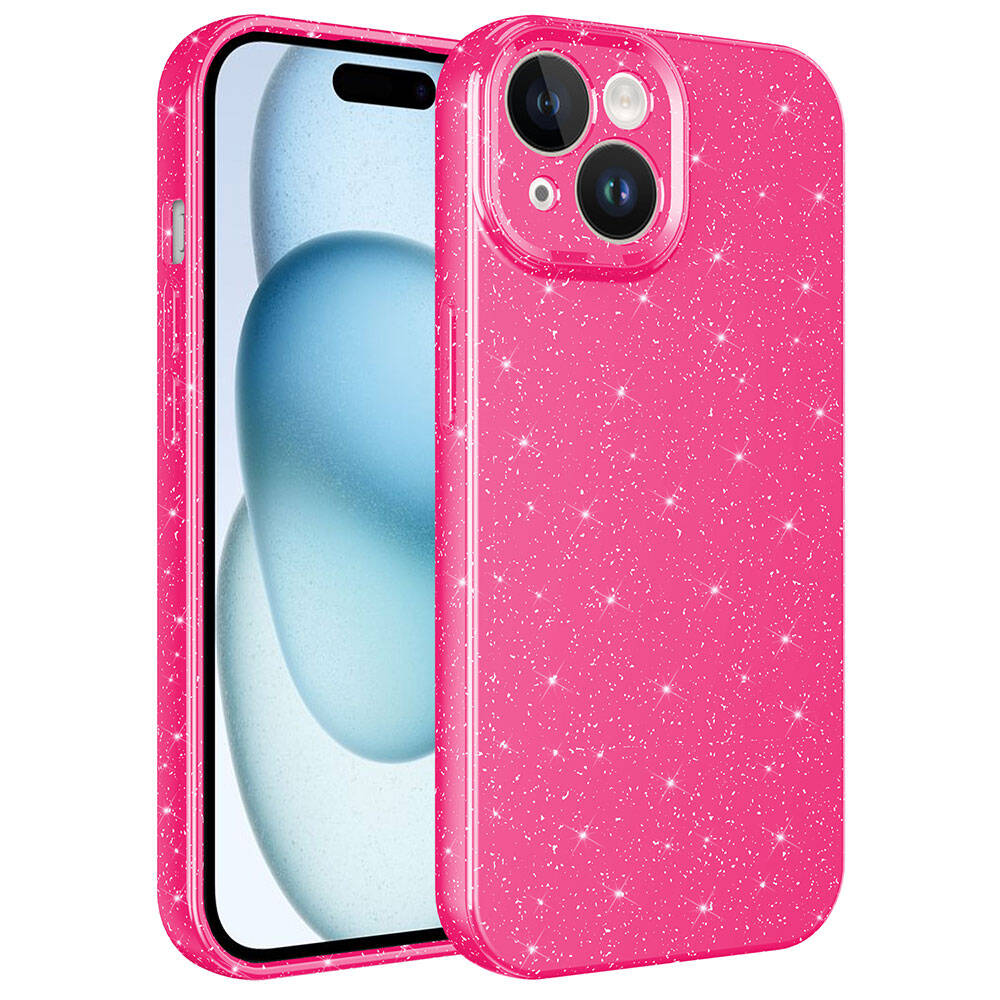 İçinde telefon olan parlak pembe telefon kılıfı.