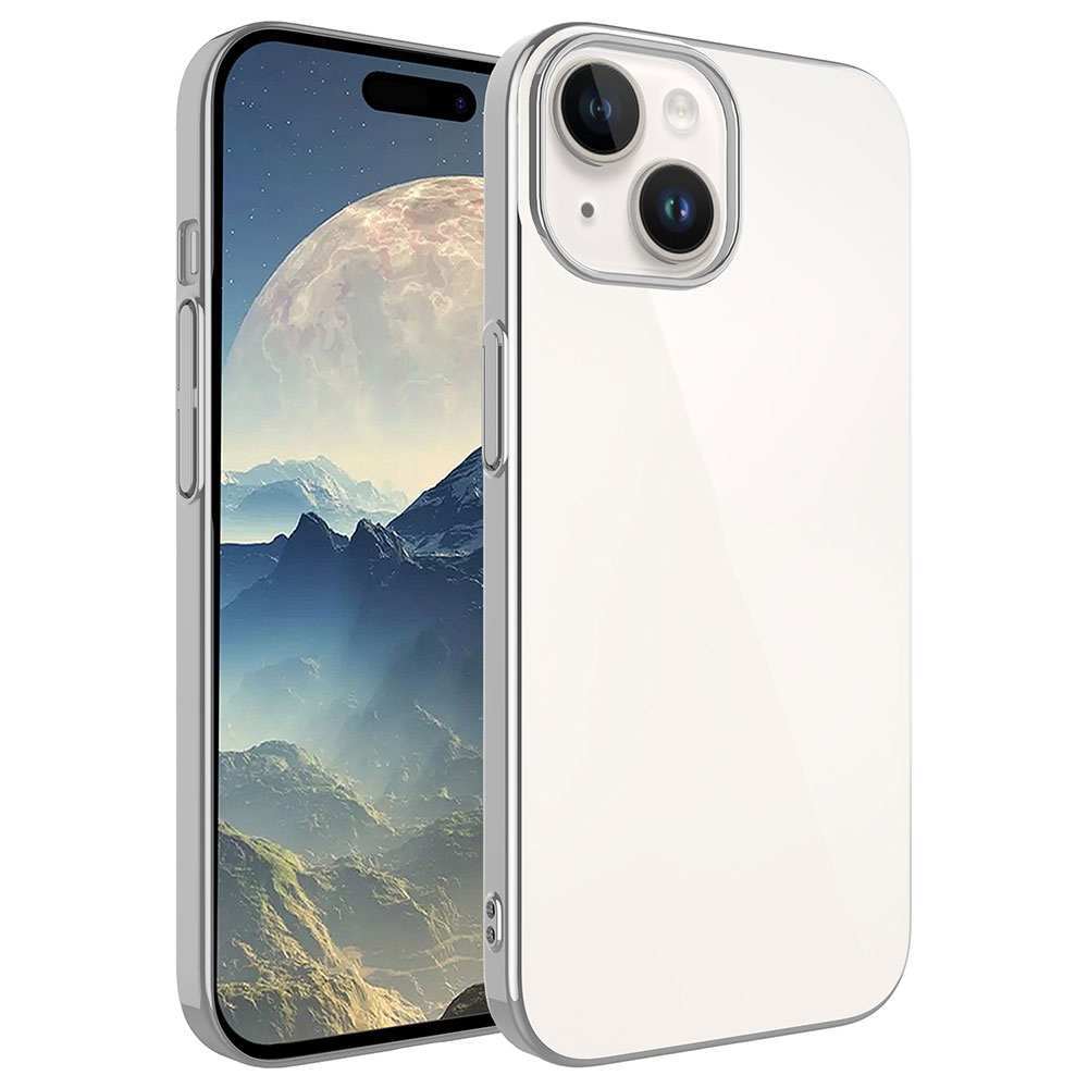 Gümüş metal çerçeveli ve dağ manzaralı duvar kağıtlı beyaz iPhone.