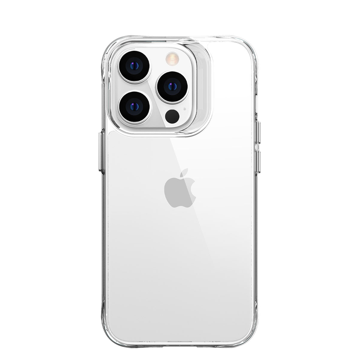 Apple logosu ve üçlü kamera sistemi gösteren şeffaf telefon kılıfı.