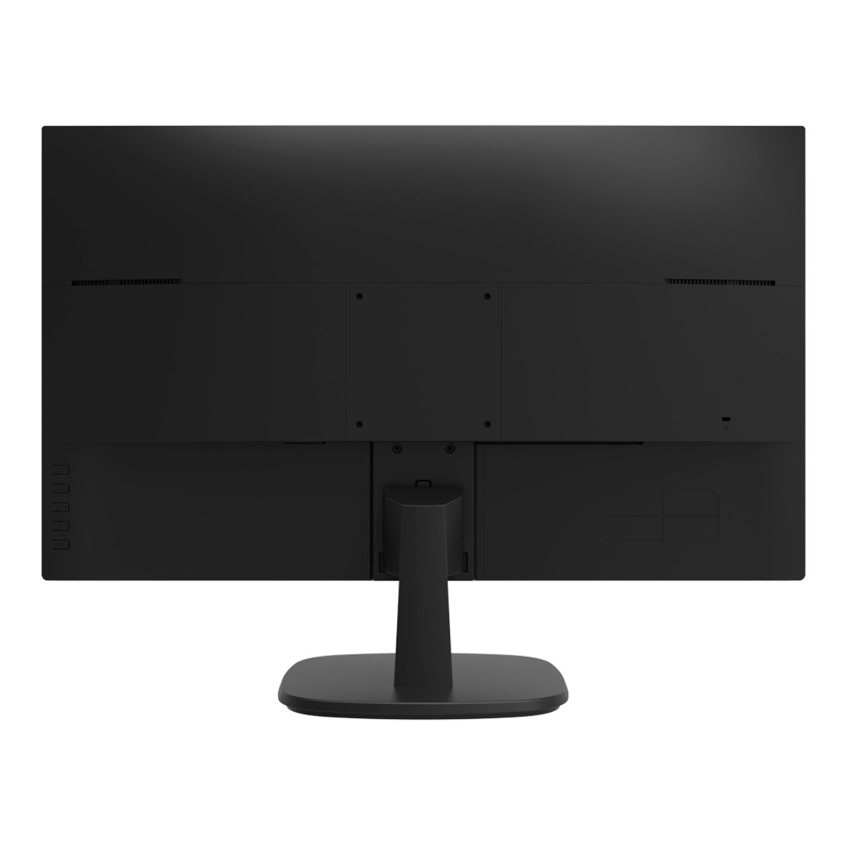 Il retro di un monitor nero con supporto e porte.