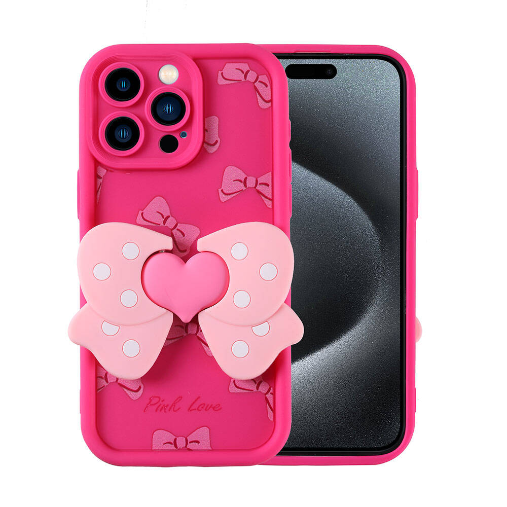 Fiyonk ve kalp tasarımlı parlak pembe telefon kılıfı. Kamera açıklıkları bulunur.