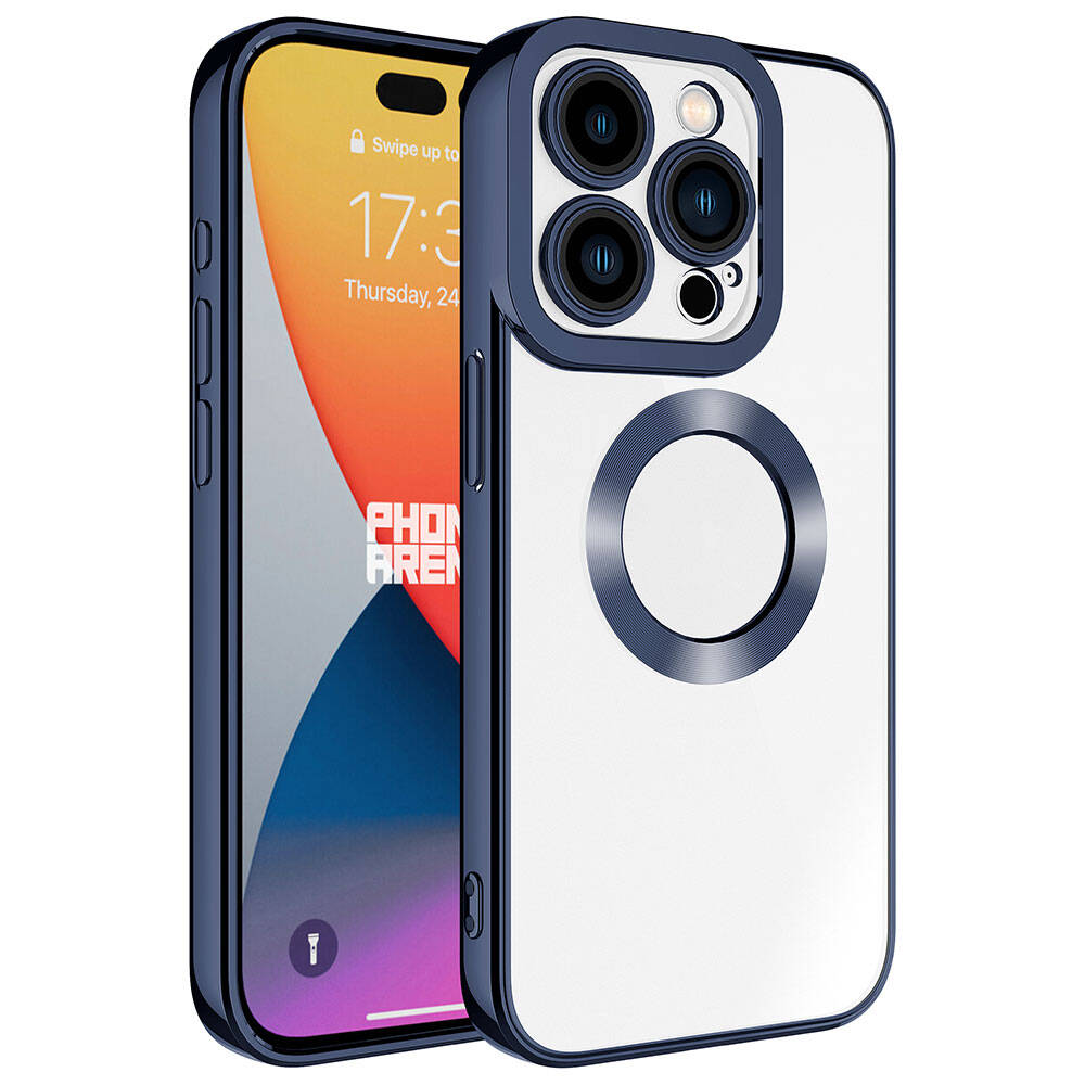 Arkada kameralı ve halkalı mavi telefon kılıfı.
