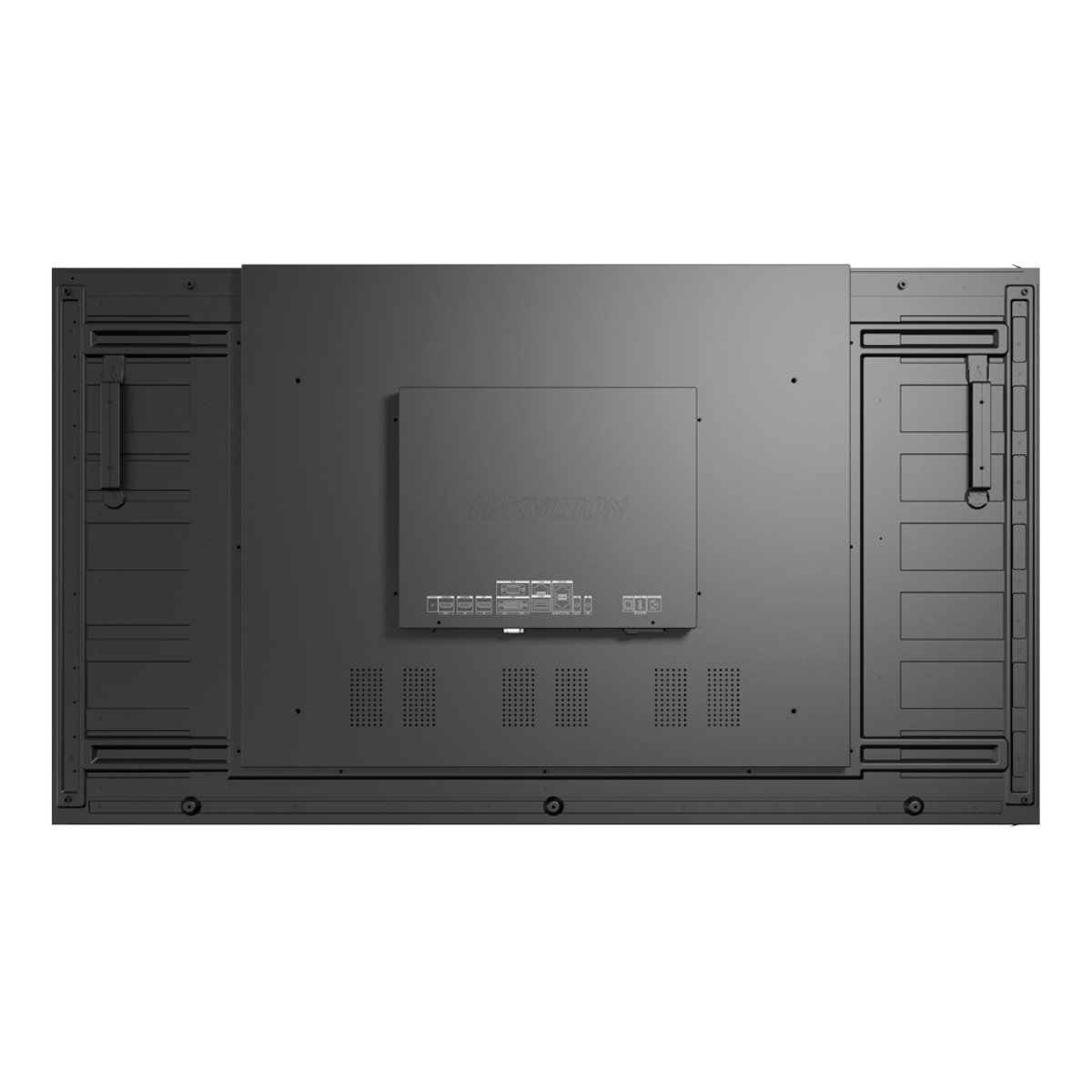 Retro di un grande display nero con porte e fessure di ventilazione. Logo Hikvision.