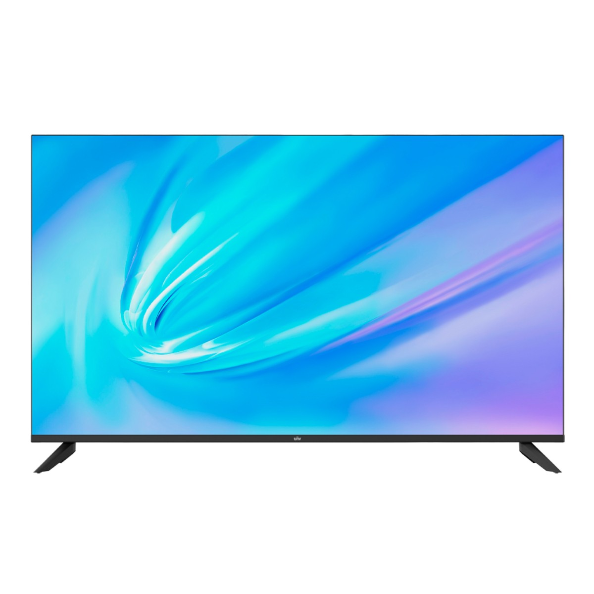 Una TV moderna a schermo piatto con un vivace display astratto blu e viola, su gambe nere.
