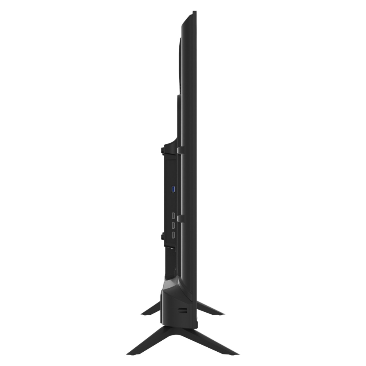 Televisore nero con supporto, visto di lato, con porte visibili.