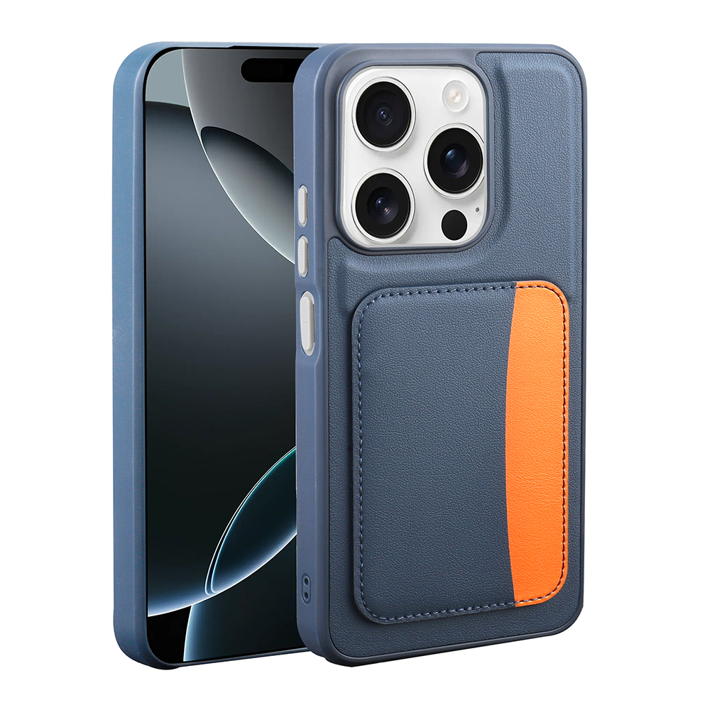 Turuncu cep ve kamera modüllü lacivert telefon kılıfı.