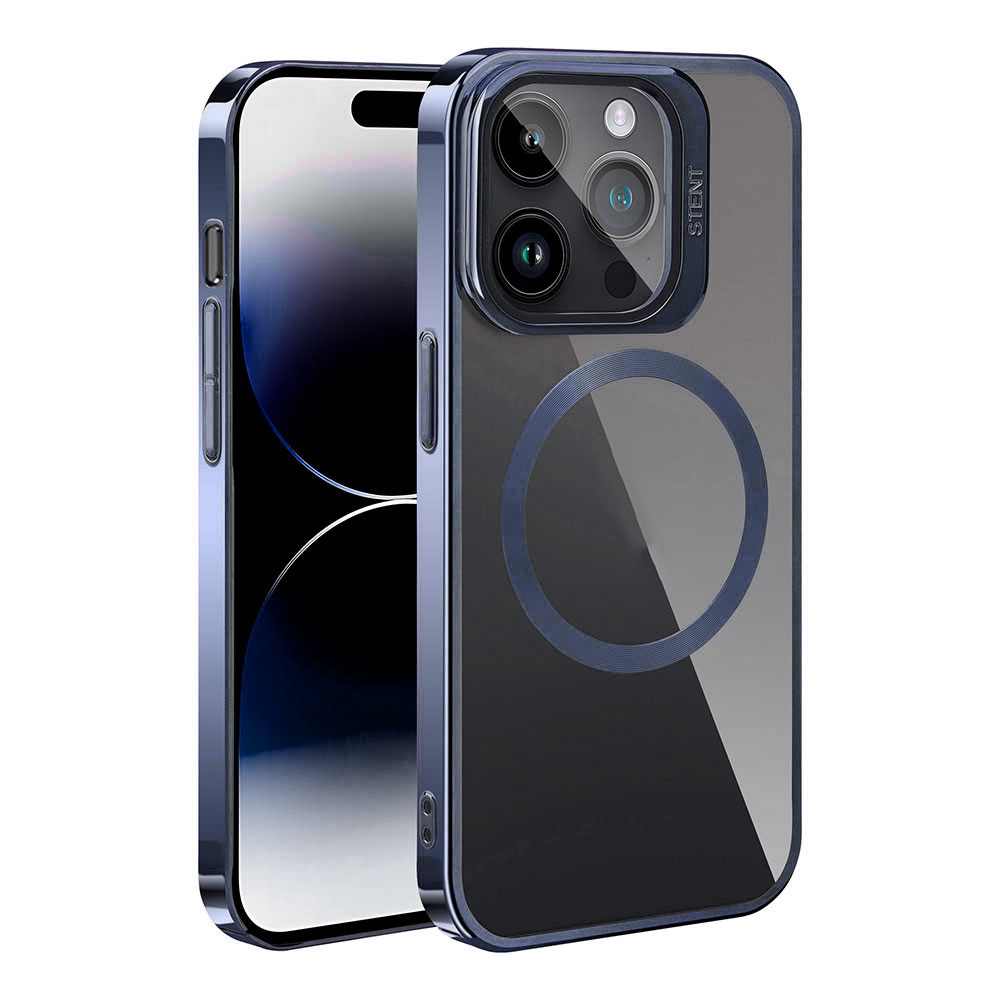 Şeffaf arka ve kamera lens korumalı koyu mavi koruyucu telefon kılıfı.